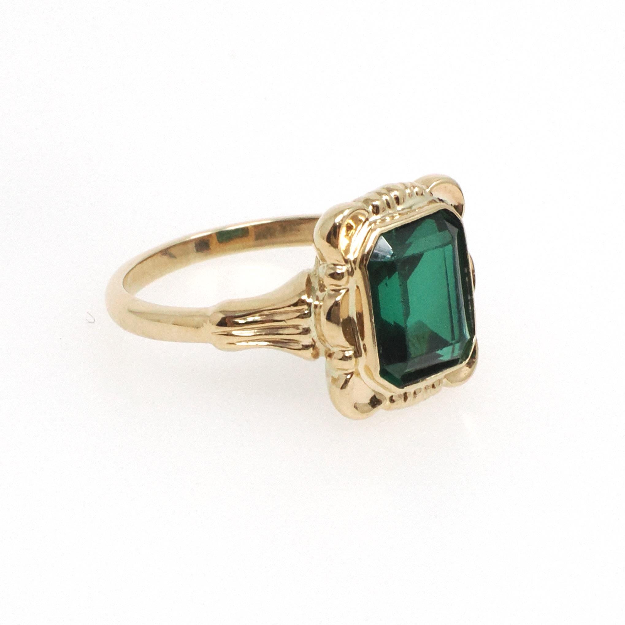 Simulated Emerald Ring - Retro 10k Yellow Gold Emerald Cut Green Created Spinel Triplet Assembled Stone - Circa 1940s Size 4 Fine Jewelry