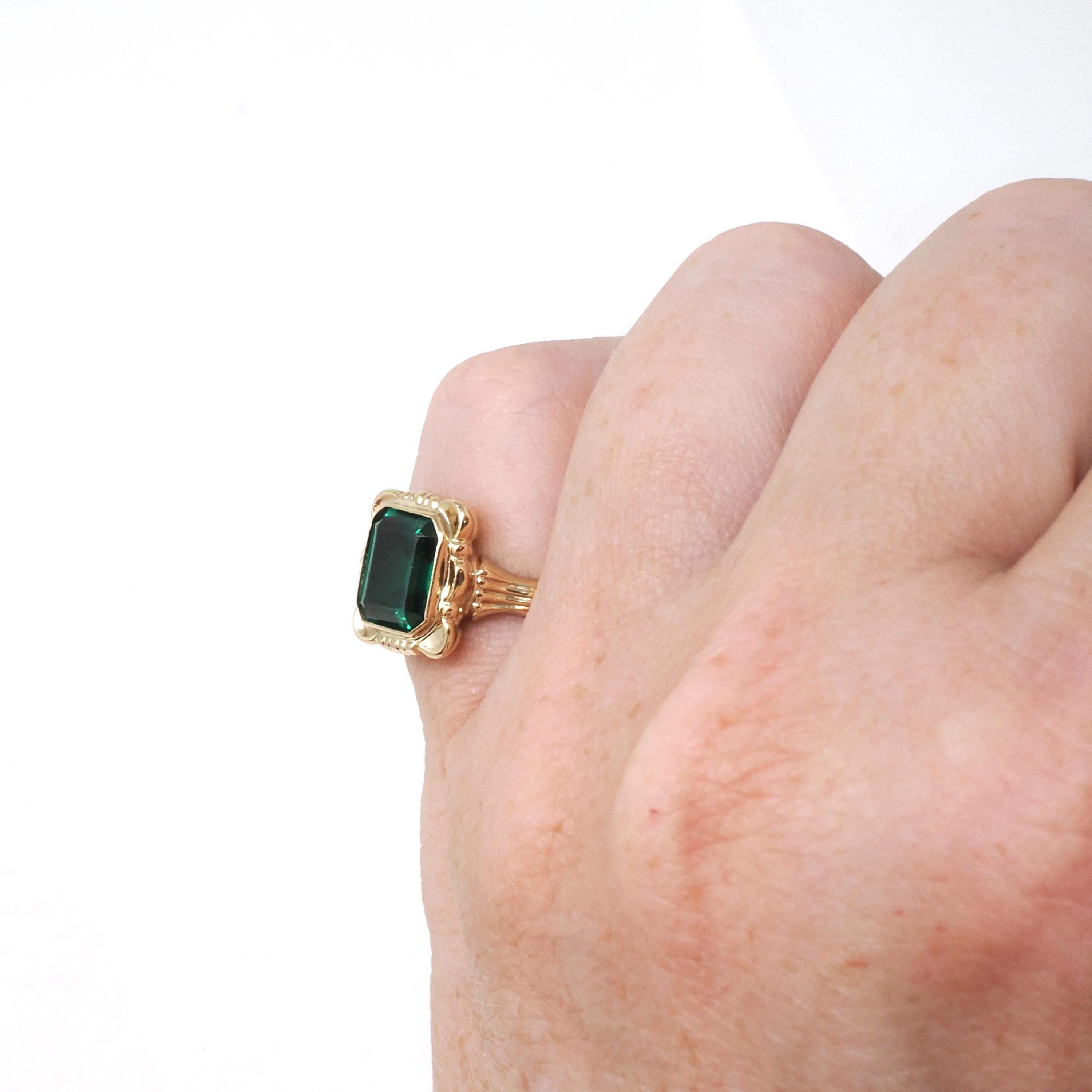 Simulated Emerald Ring - Retro 10k Yellow Gold Emerald Cut Green Created Spinel Triplet Assembled Stone - Circa 1940s Size 4 Fine Jewelry