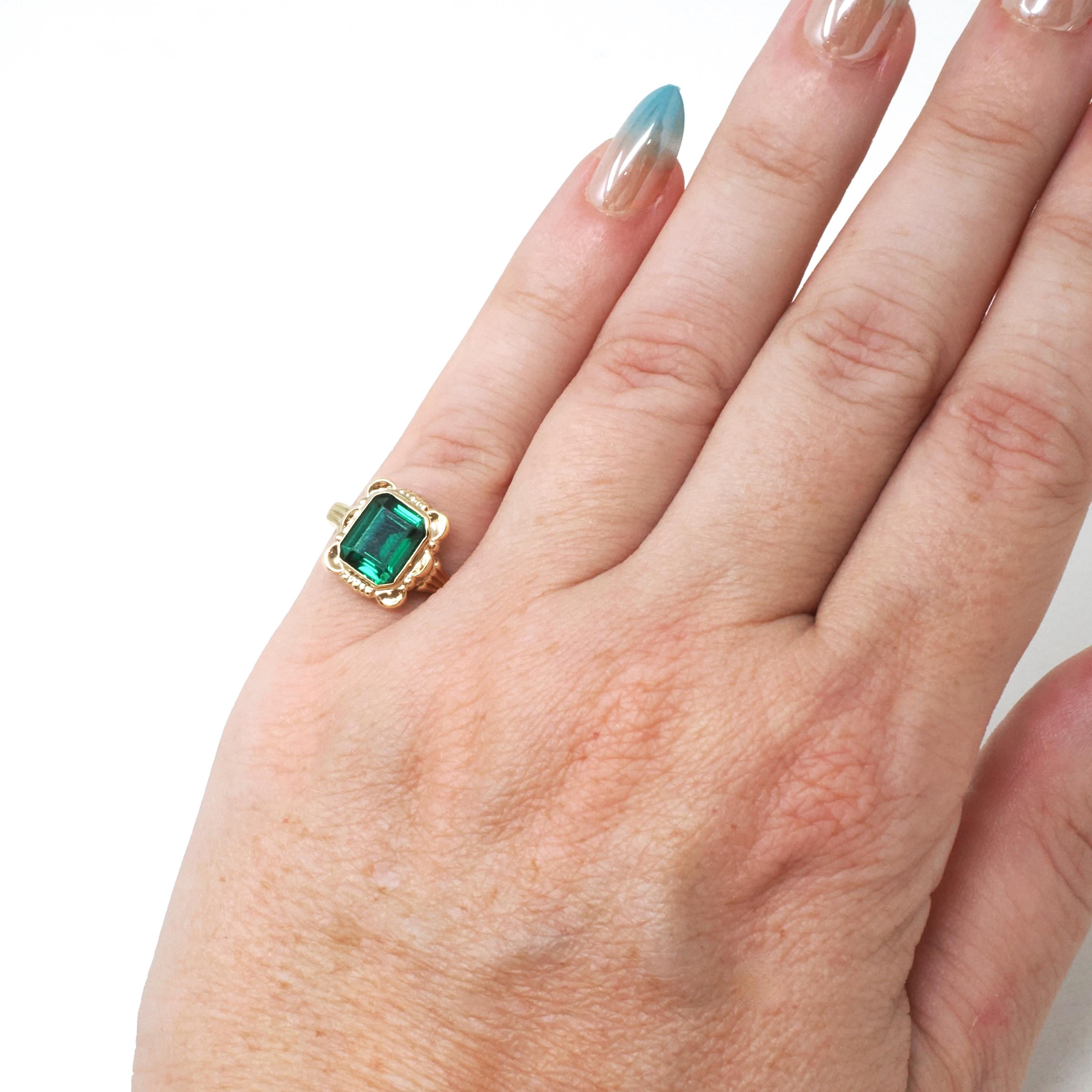 Simulated Emerald Ring - Retro 10k Yellow Gold Emerald Cut Green Created Spinel Triplet Assembled Stone - Circa 1940s Size 4 Fine Jewelry