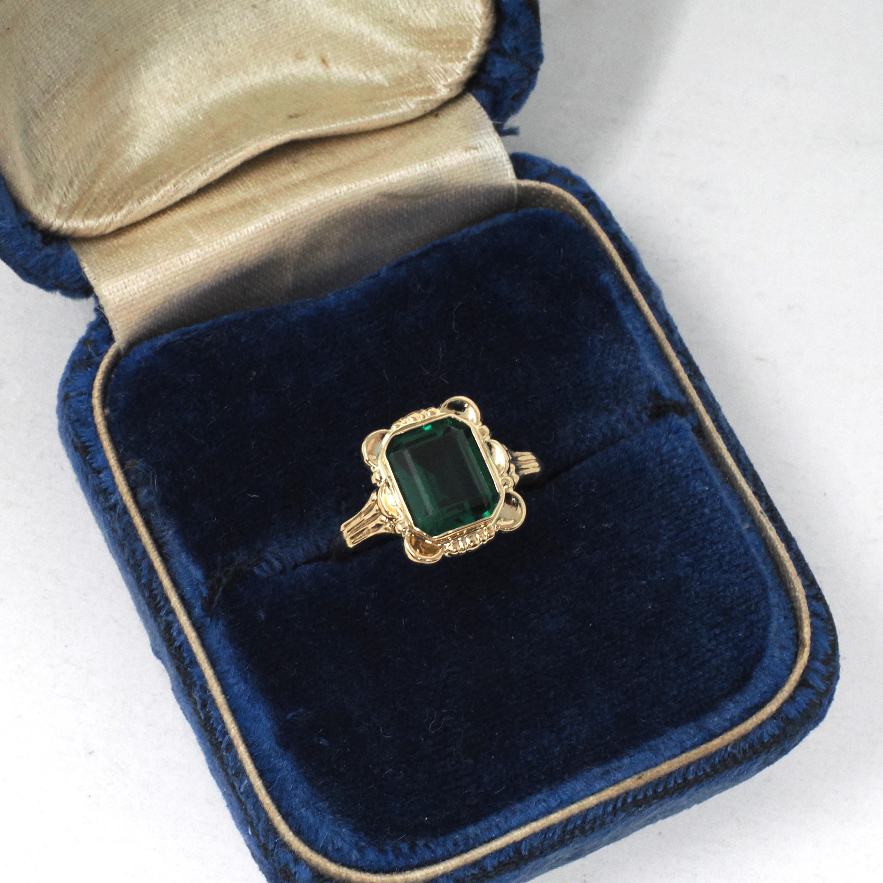 Simulated Emerald Ring - Retro 10k Yellow Gold Emerald Cut Green Created Spinel Triplet Assembled Stone - Circa 1940s Size 4 Fine Jewelry