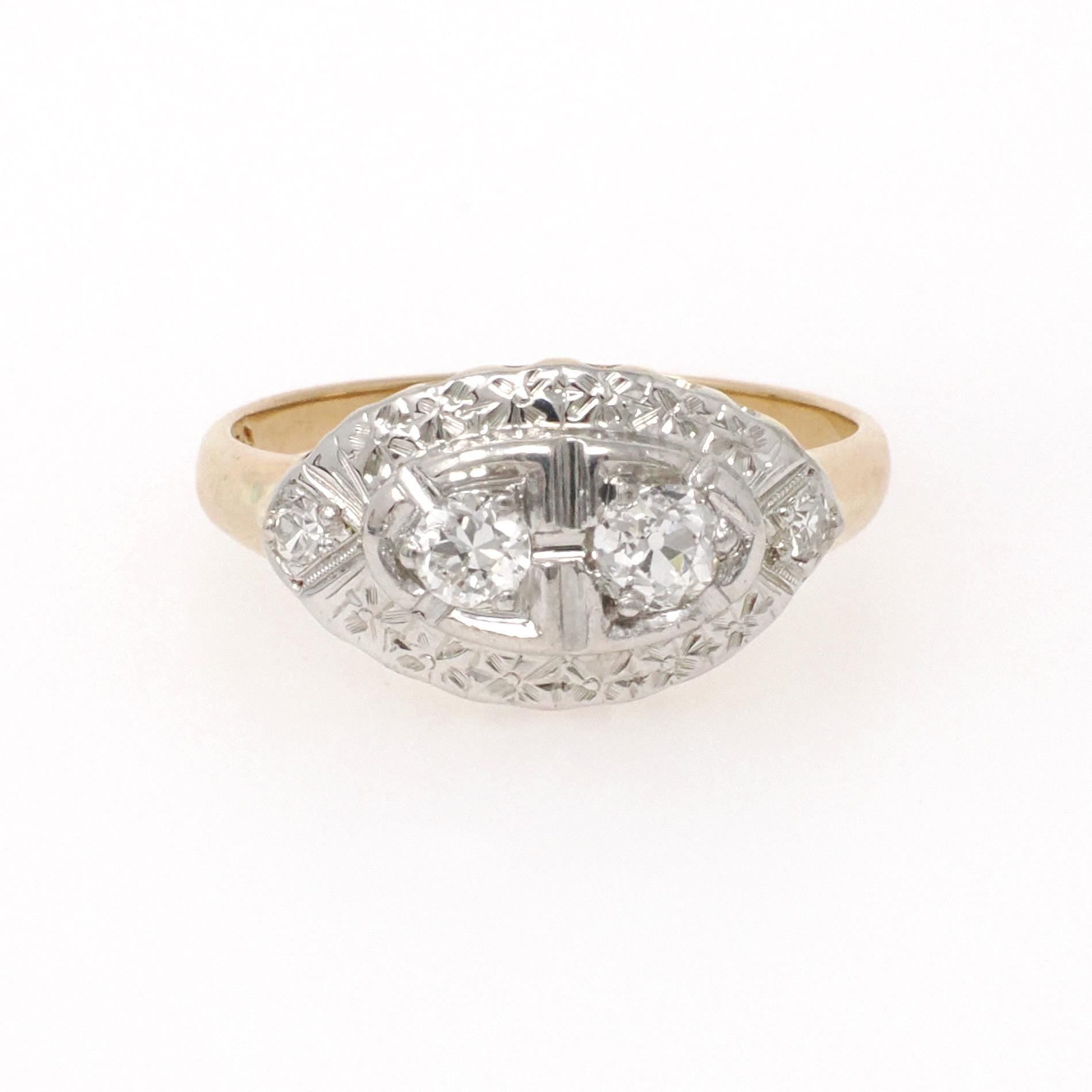 Mid Century Princess Ring - Vintage 14k Yellow & White Gold .37 CTW Diamonds - Circa 1950s Size 7 Sweetheart April Birthstone Fine Jewelry