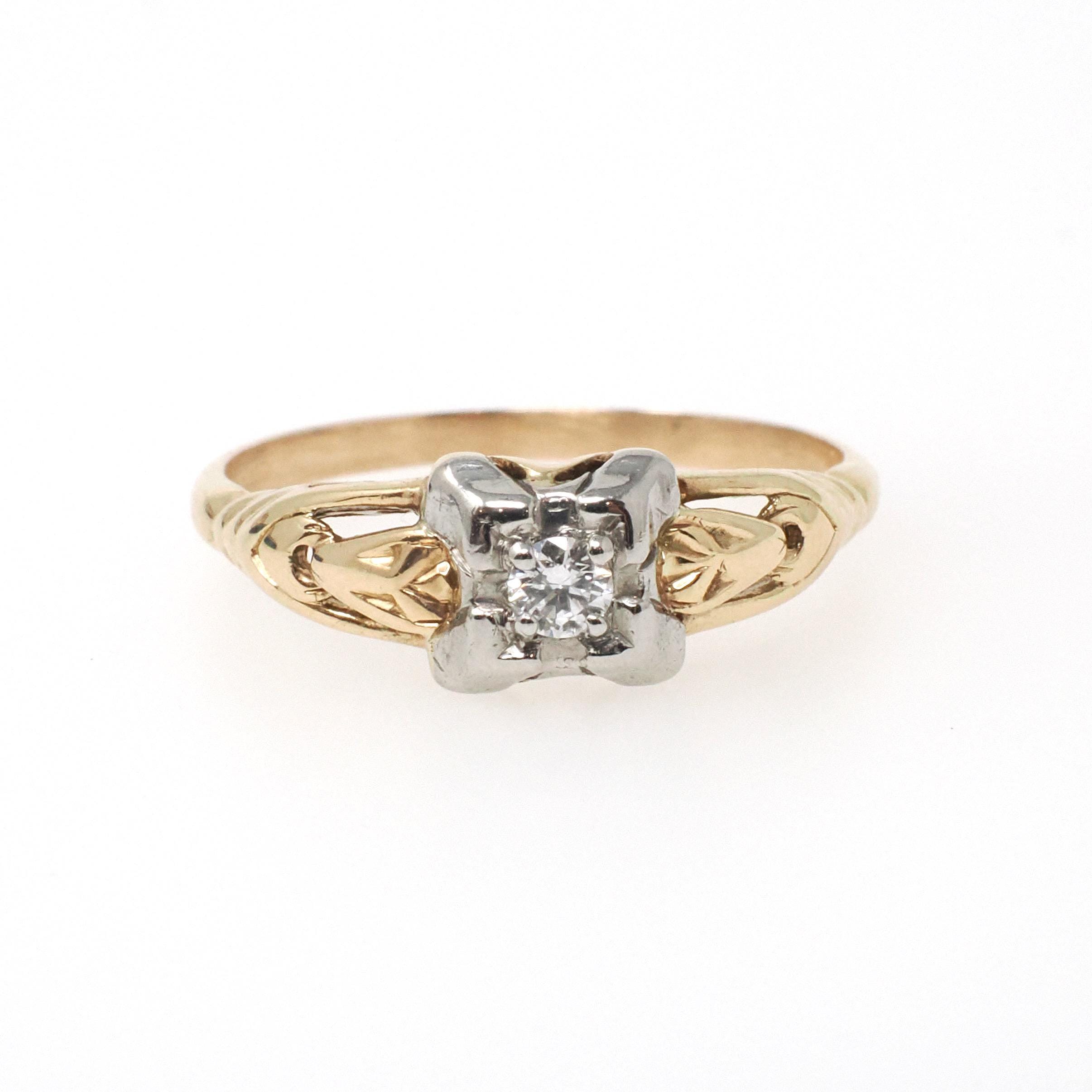 Vintage Diamond Ring - Mid Century 14k Yellow Gold & Platinum .06 CT Natural Two Tone Solitaire - Circa 1950s Era Size 6 3/4 Fine Jewelry