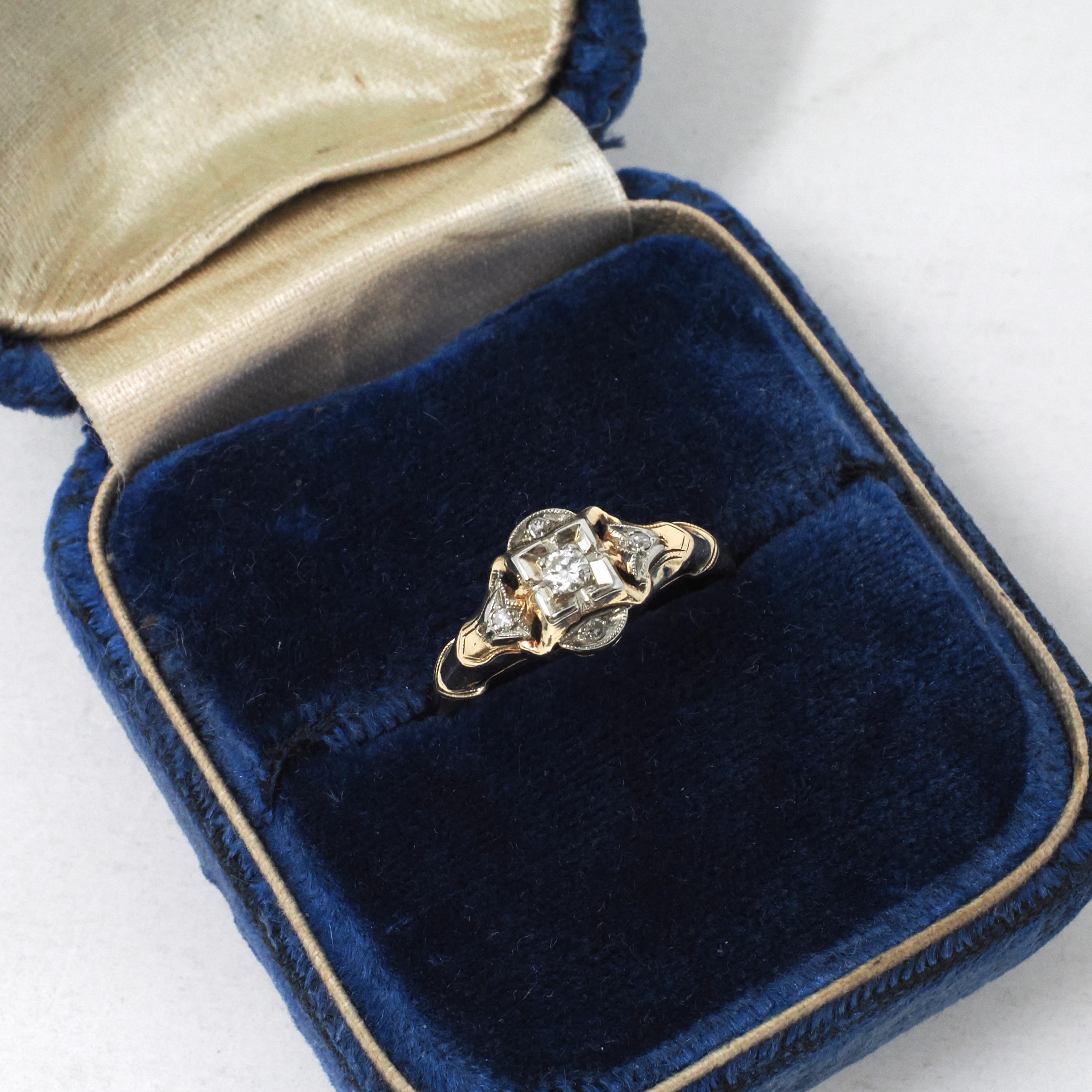 Vintage Diamond Ring - Mid Century 14k Yellow & White Gold .07 CTW Natural Two Tone Engagement - Circa 1950s Era Size 6 3/4 Fine Jewelry