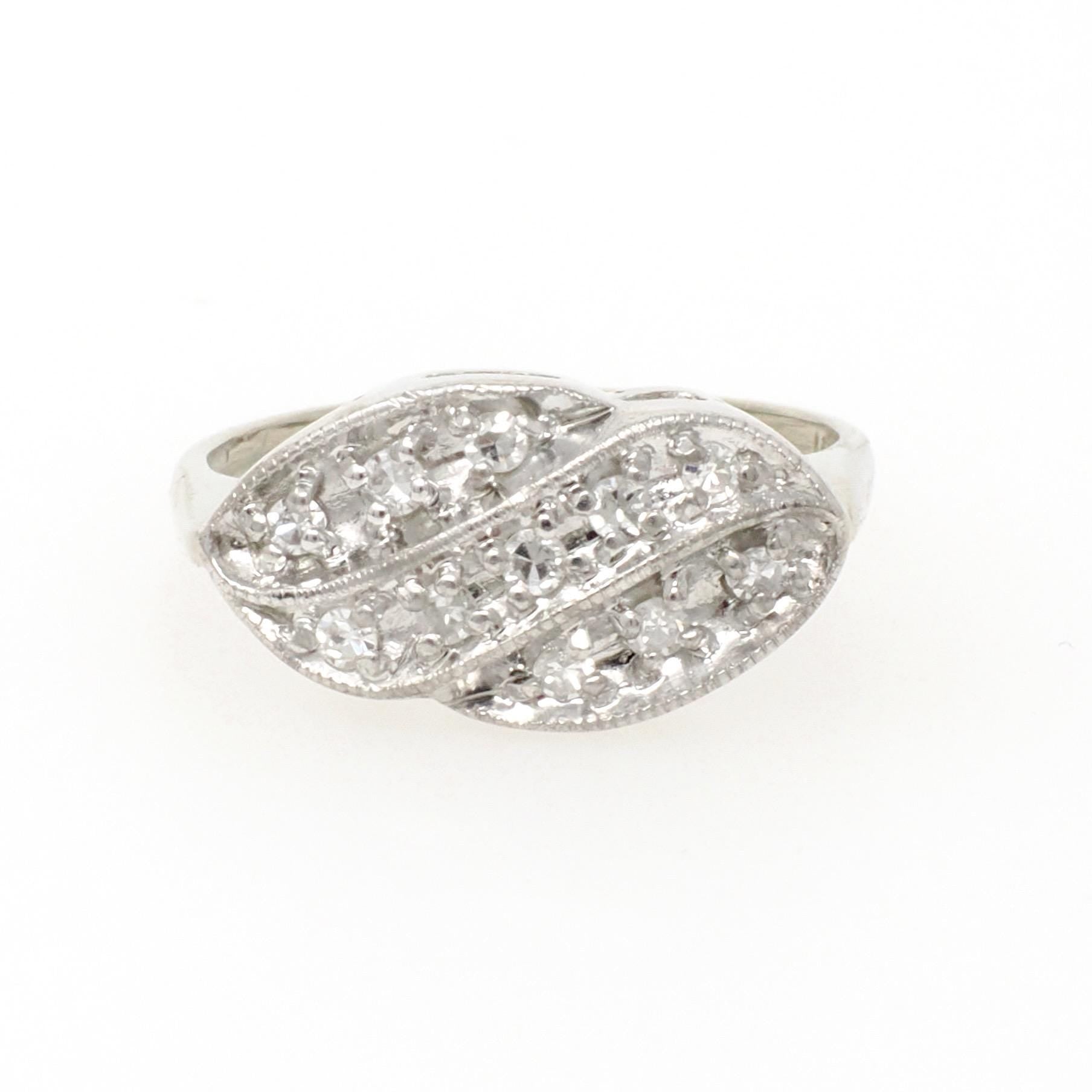Vintage Princess Ring - Mid Century 14k White Gold Natural .18 CTW Diamonds - Circa 1950s Era Size 7 1/4 Curved Bypass Fine Fashion Jewelry