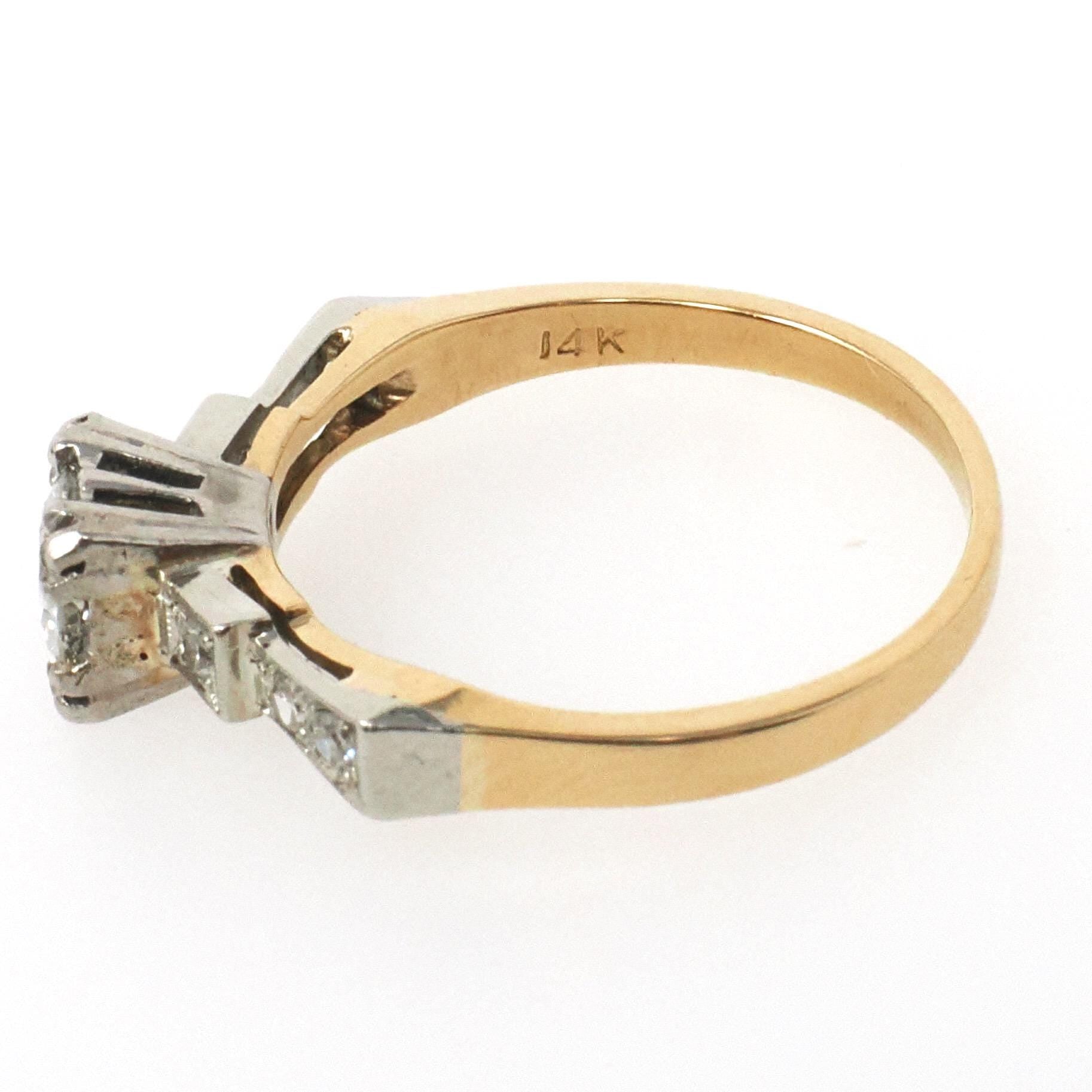 Vintage Diamond Ring - Mid Century 14k Yellow Gold & Platinum .46 CTW Natural Two Tone Engagement - Circa 1950s Era Size 6 1/4 Fine Jewelry