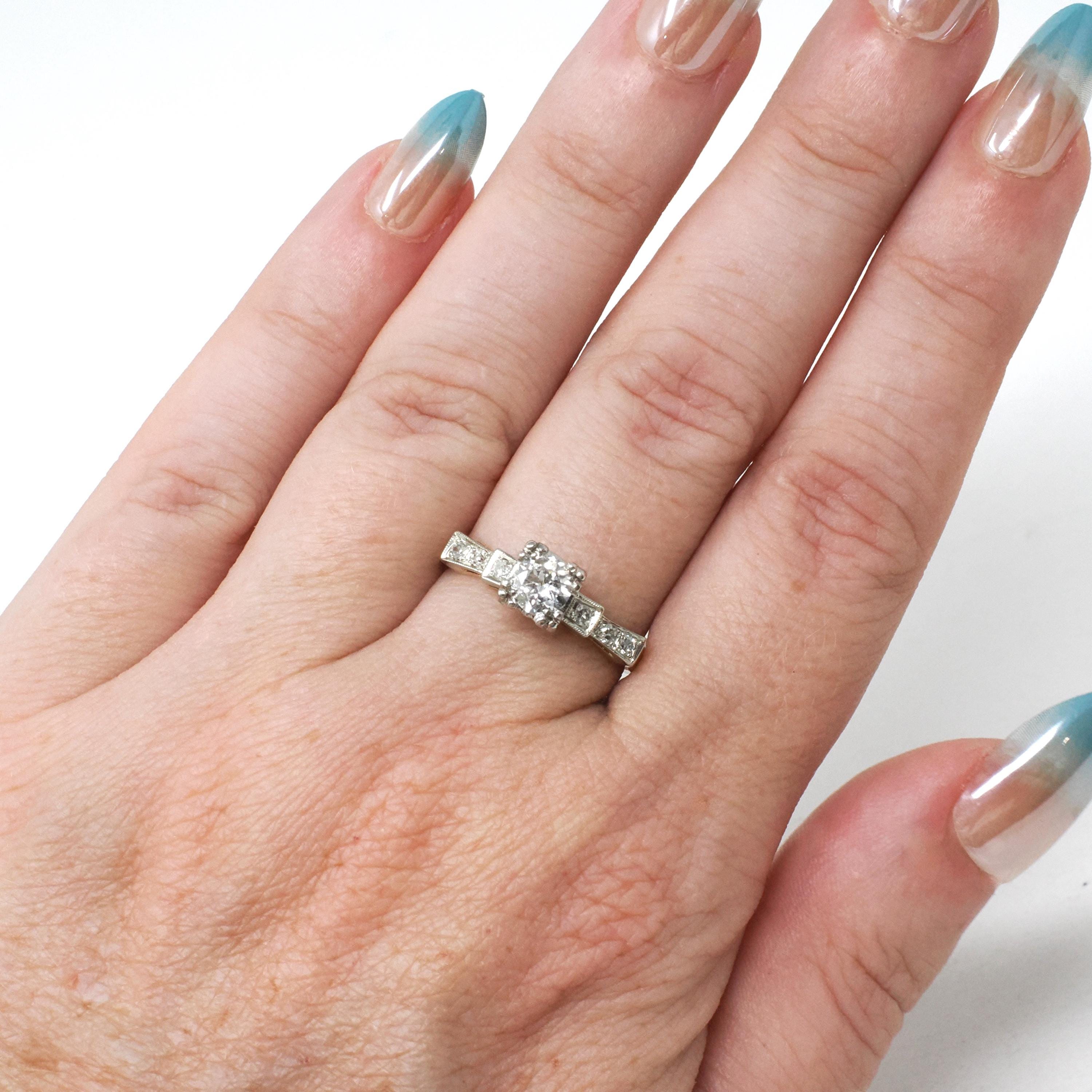 Vintage Diamond Ring - Mid Century 14k Yellow Gold & Platinum .46 CTW Natural Two Tone Engagement - Circa 1950s Era Size 6 1/4 Fine Jewelry