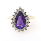 Amethyst Halo Ring - Retro 14k Yellow & White Gold .60 CTW Diamond Accents Pear Gem - Circa 1980s Sz 8 3/4 February Birthstone Fine Jewelry