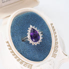 Amethyst Halo Ring - Retro 14k Yellow & White Gold .60 CTW Diamond Accents Pear Gem - Circa 1980s Sz 8 3/4 February Birthstone Fine Jewelry
