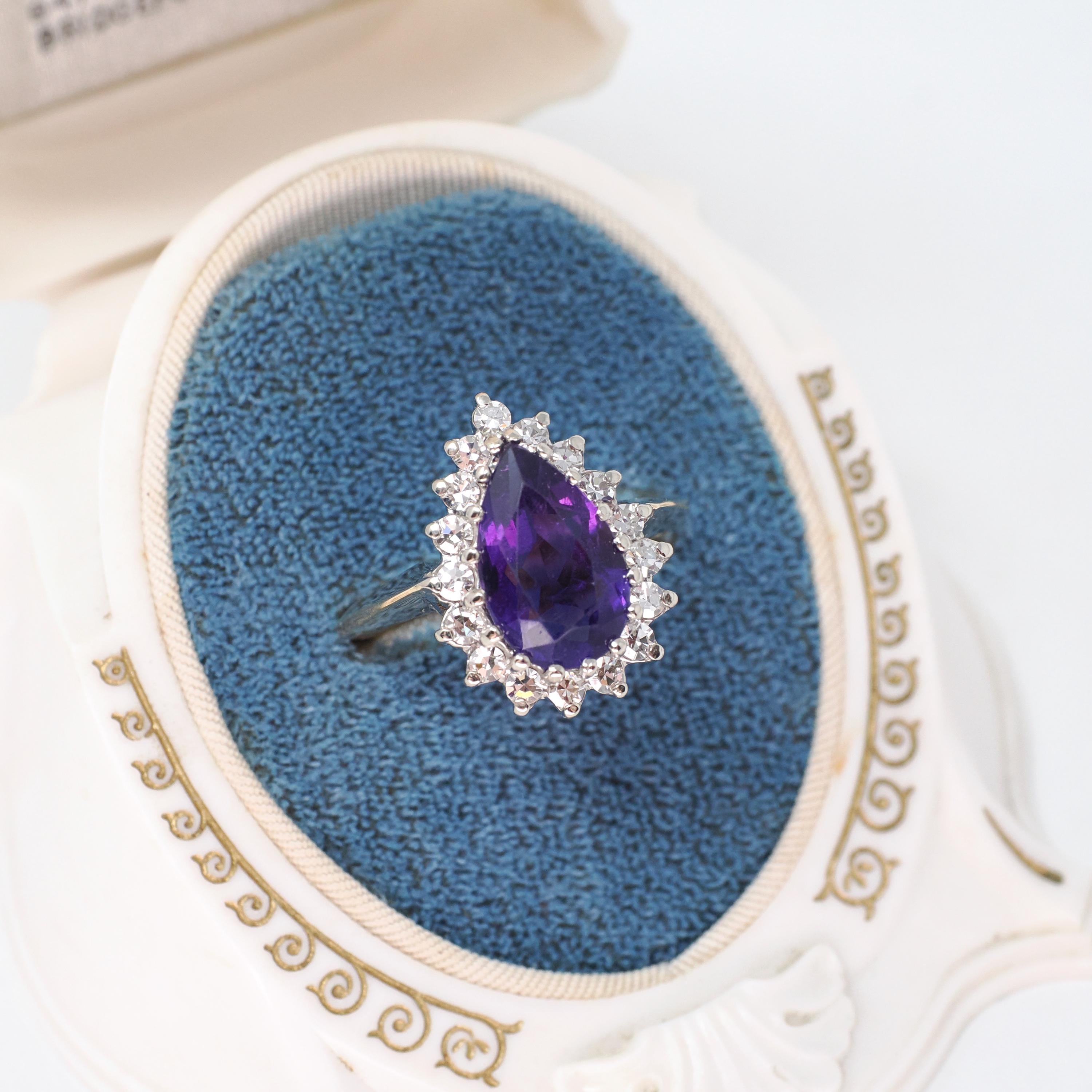 Amethyst Halo Ring - Retro 14k Yellow & White Gold .60 CTW Diamond Accents Pear Gem - Circa 1980s Sz 8 3/4 February Birthstone Fine Jewelry
