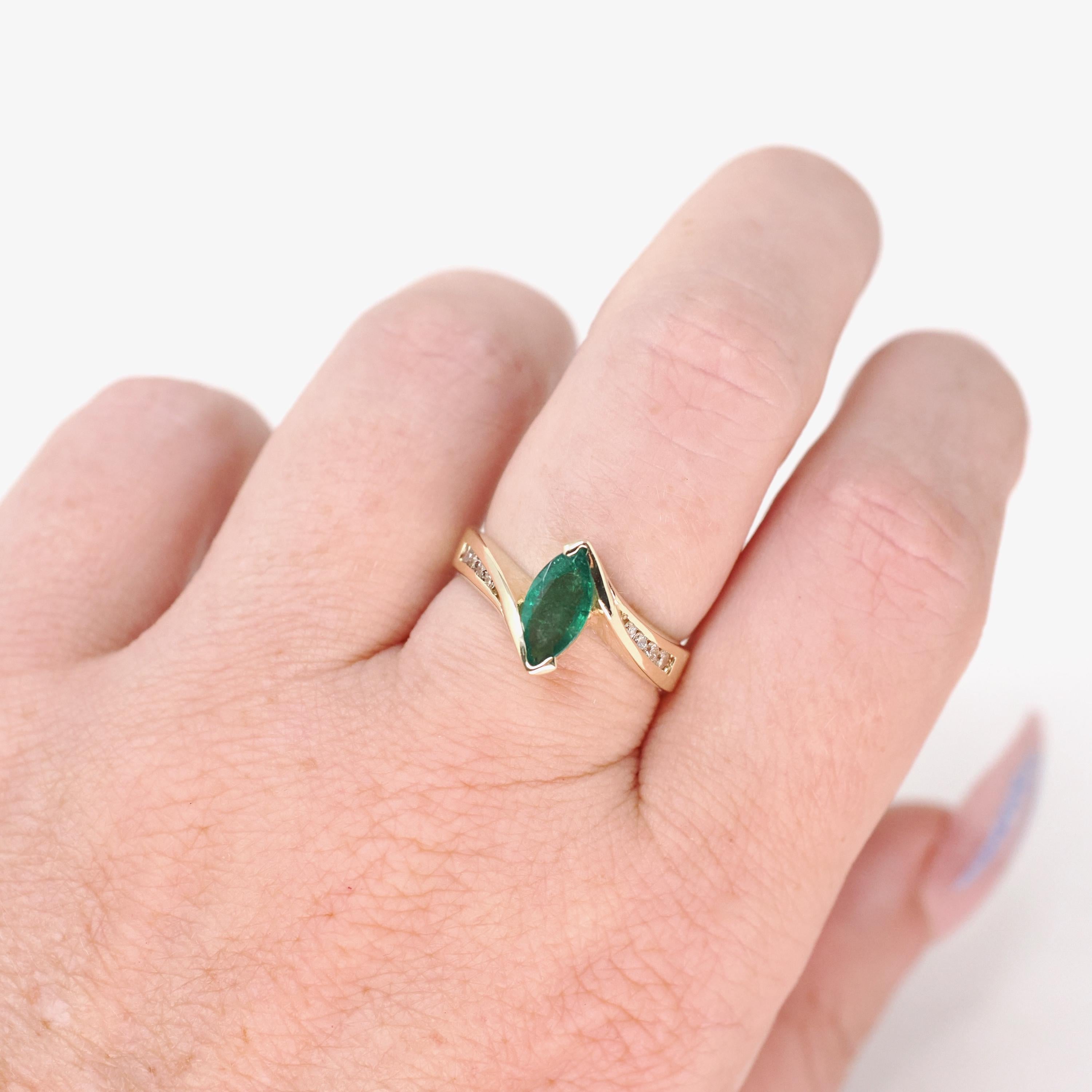Emerald Engagement Ring - Contemporary 14k Yellow Gold Navette Natural Green Marquise Gemstone Bypass - Size 5.5 May Birthstone Fine Jewelry