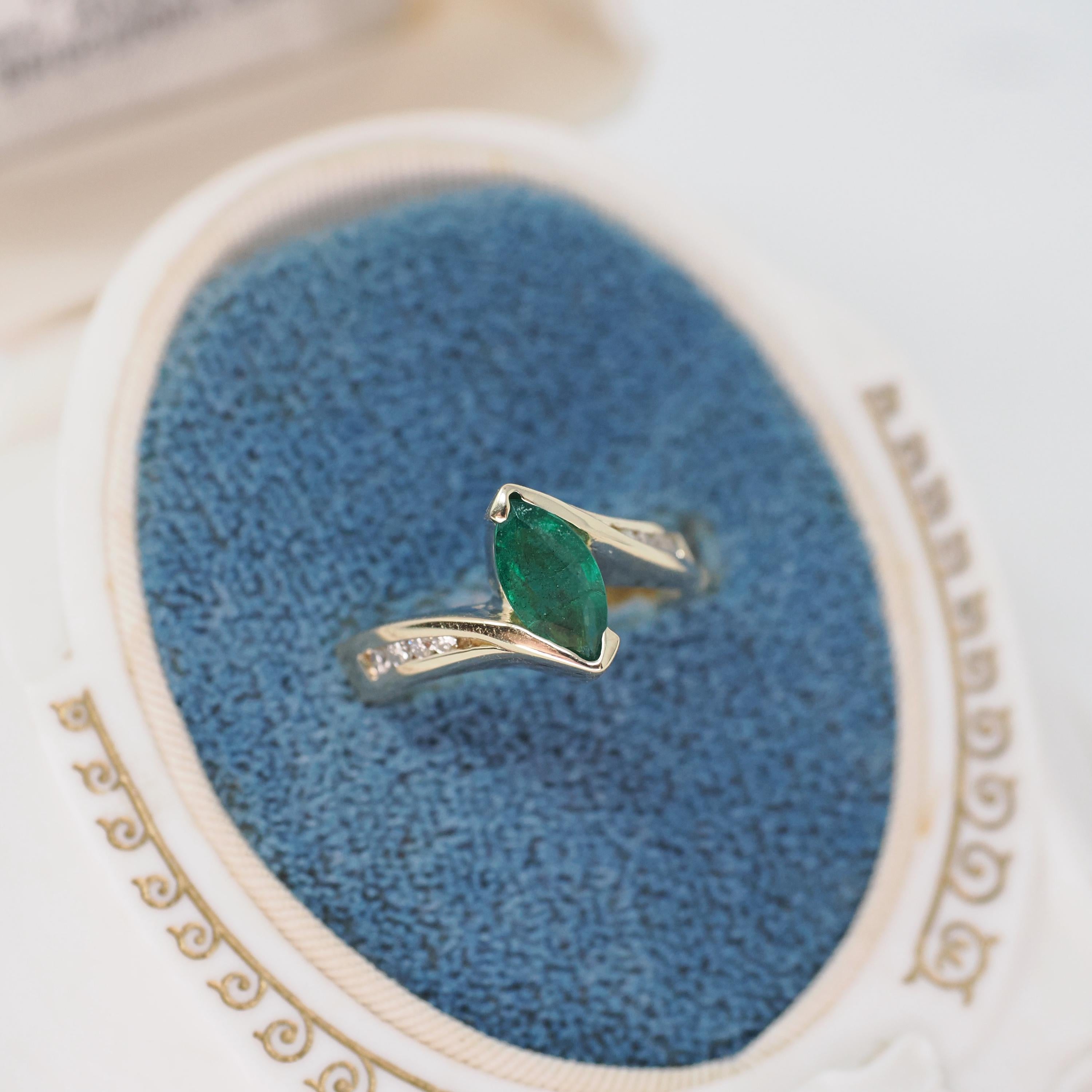 Emerald Engagement Ring - Contemporary 14k Yellow Gold Navette Natural Green Marquise Gemstone Bypass - Size 5.5 May Birthstone Fine Jewelry