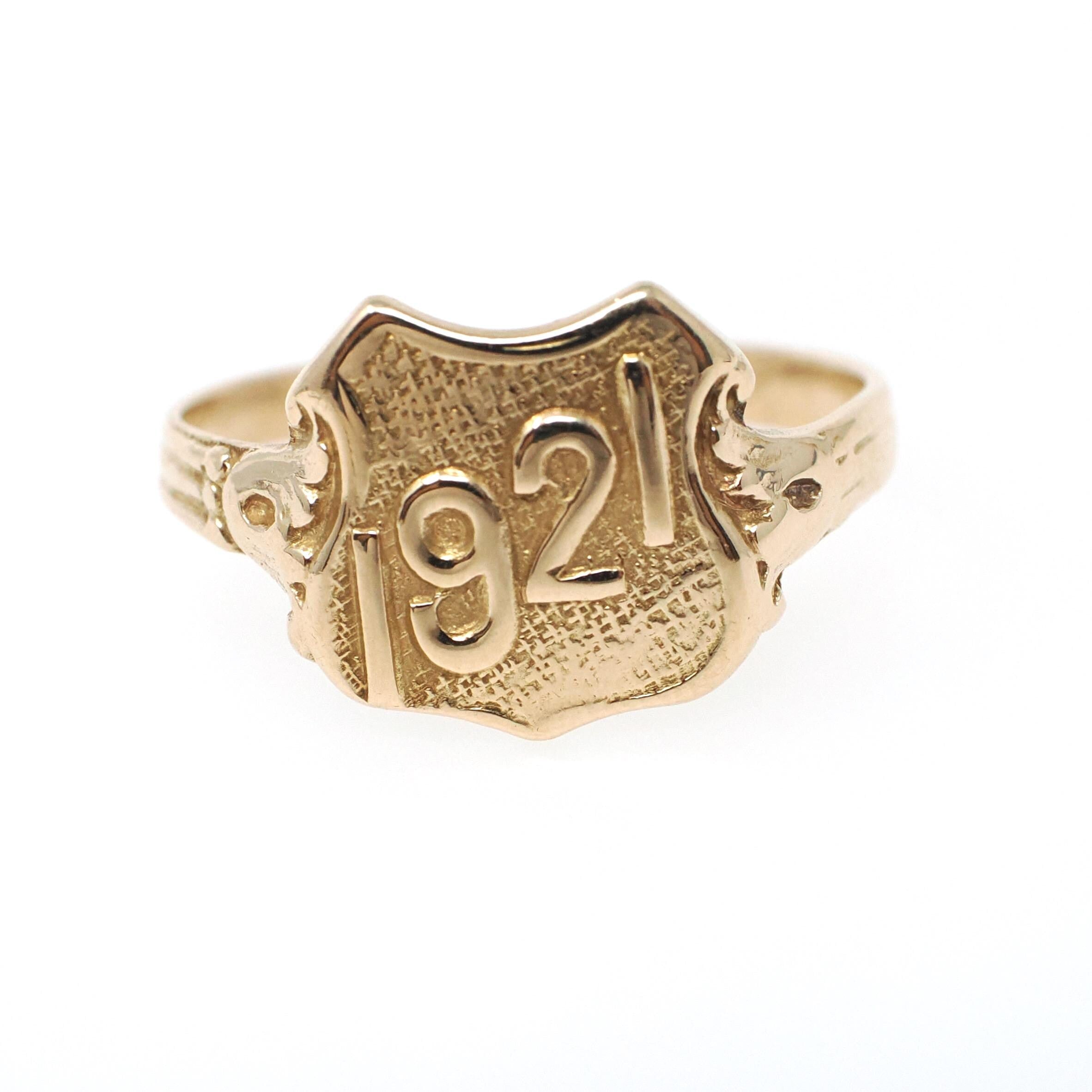 Dated 1921 Ring - Art Deco 14k Yellow Gold Class Year Statement Band - Antique Size 7 3/4 Number Shield Detail Fine Commemorative Jewelry