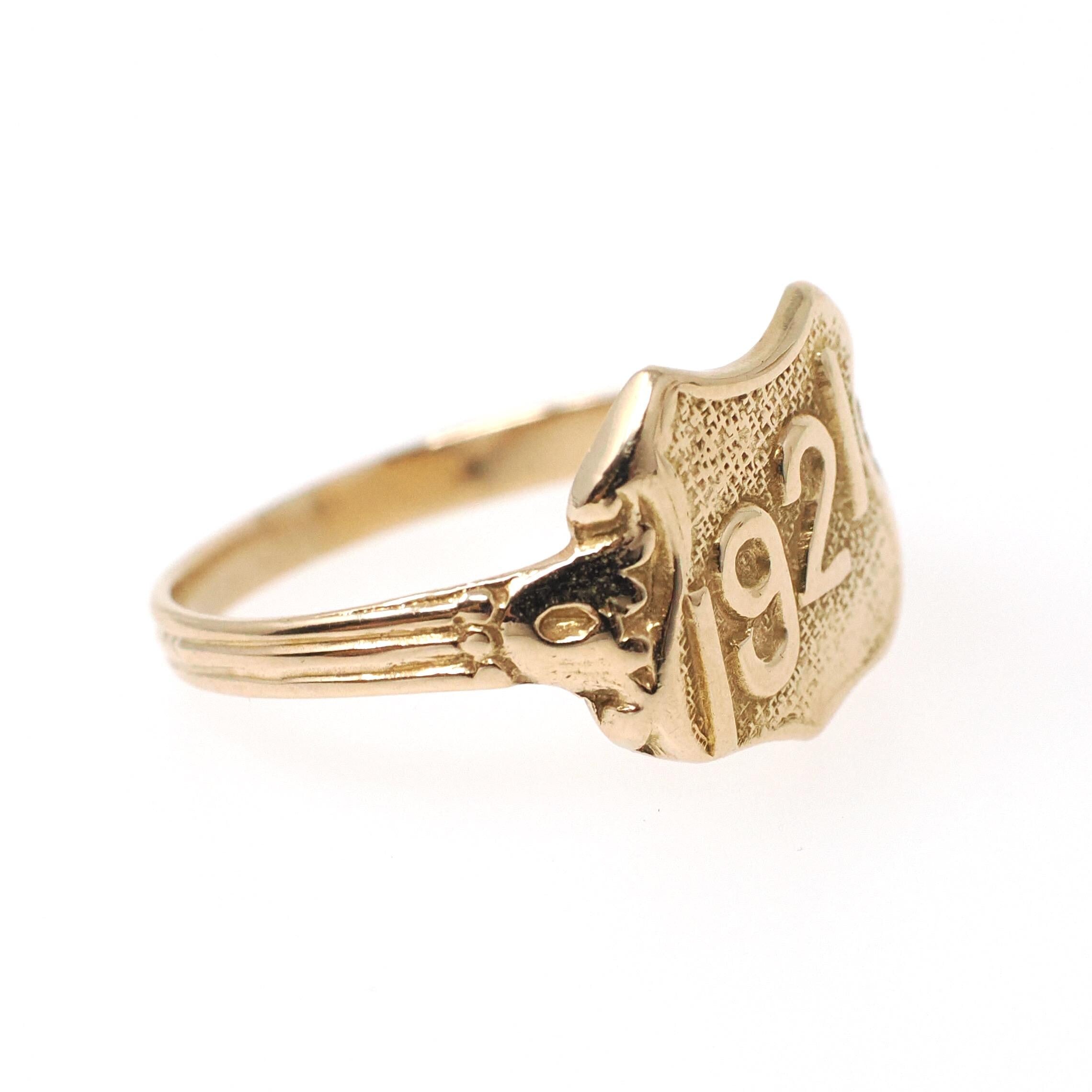 Dated 1921 Ring - Art Deco 14k Yellow Gold Class Year Statement Band - Antique Size 7 3/4 Number Shield Detail Fine Commemorative Jewelry