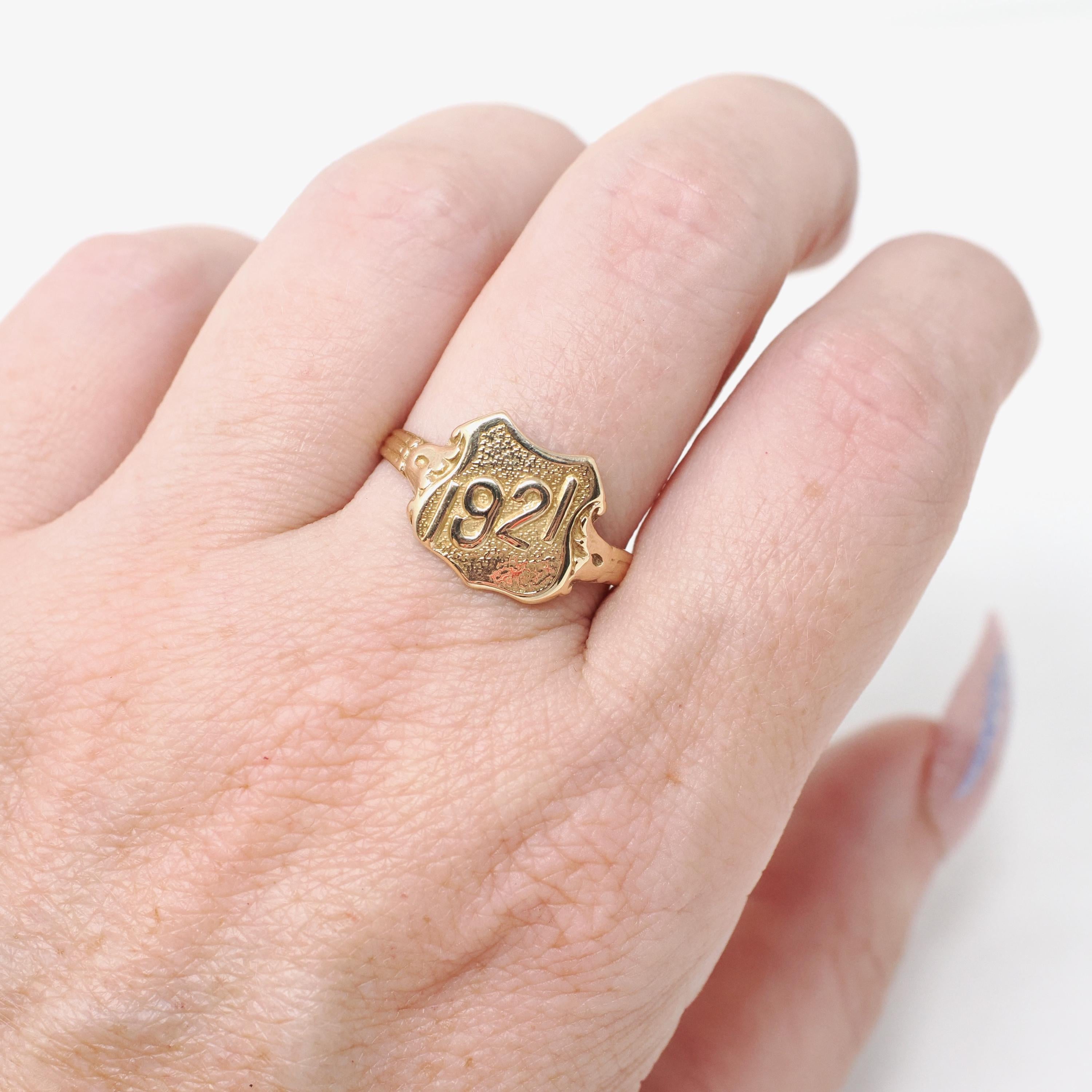 Dated 1921 Ring - Art Deco 14k Yellow Gold Class Year Statement Band - Antique Size 7 3/4 Number Shield Detail Fine Commemorative Jewelry