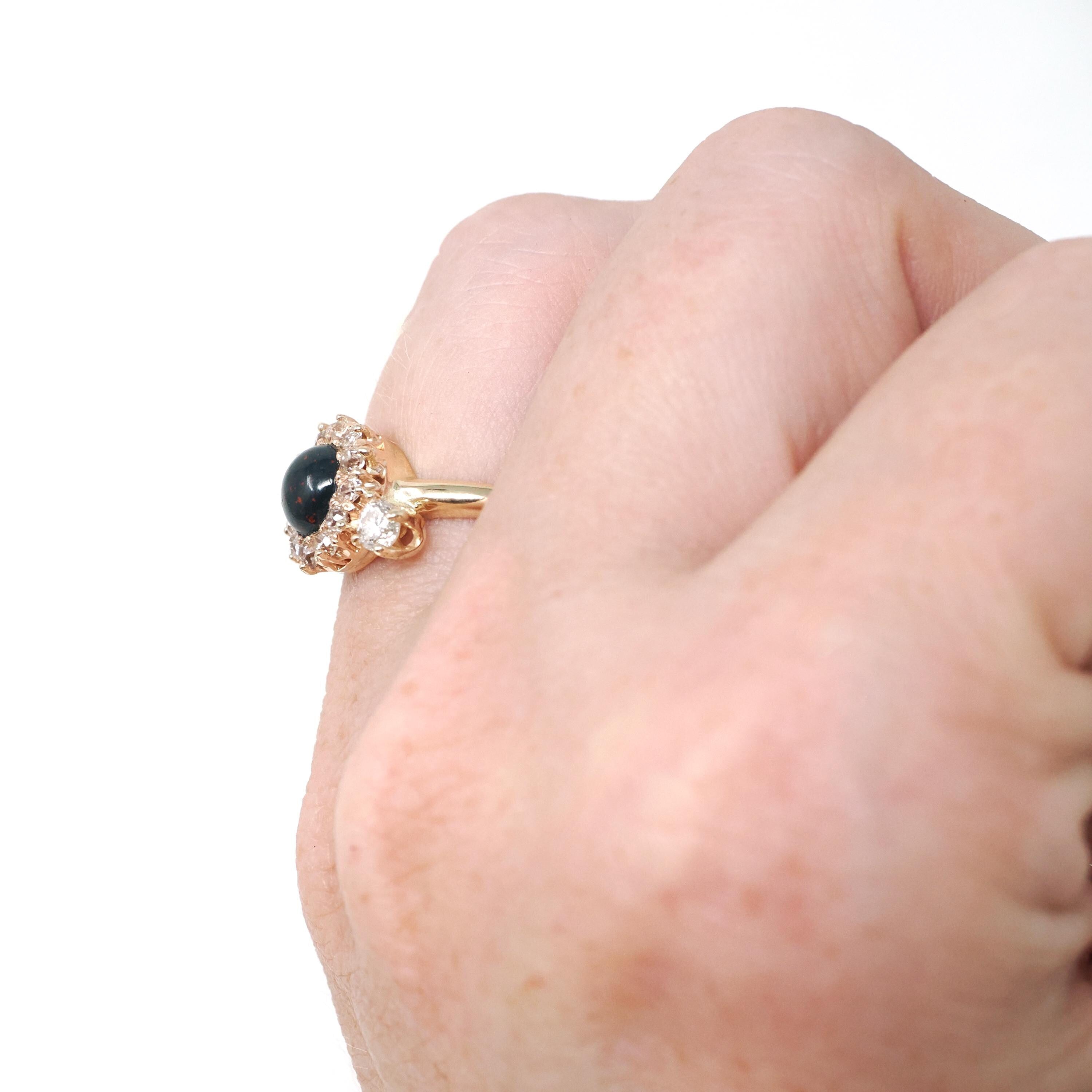Bloodstone Halo Ring - Victorian Conversion 14k Yellow Gold Round Cabochon Cut Gem & .45 CTW Diamonds - Circa 1890s Era Size 5 Fine Jewelry