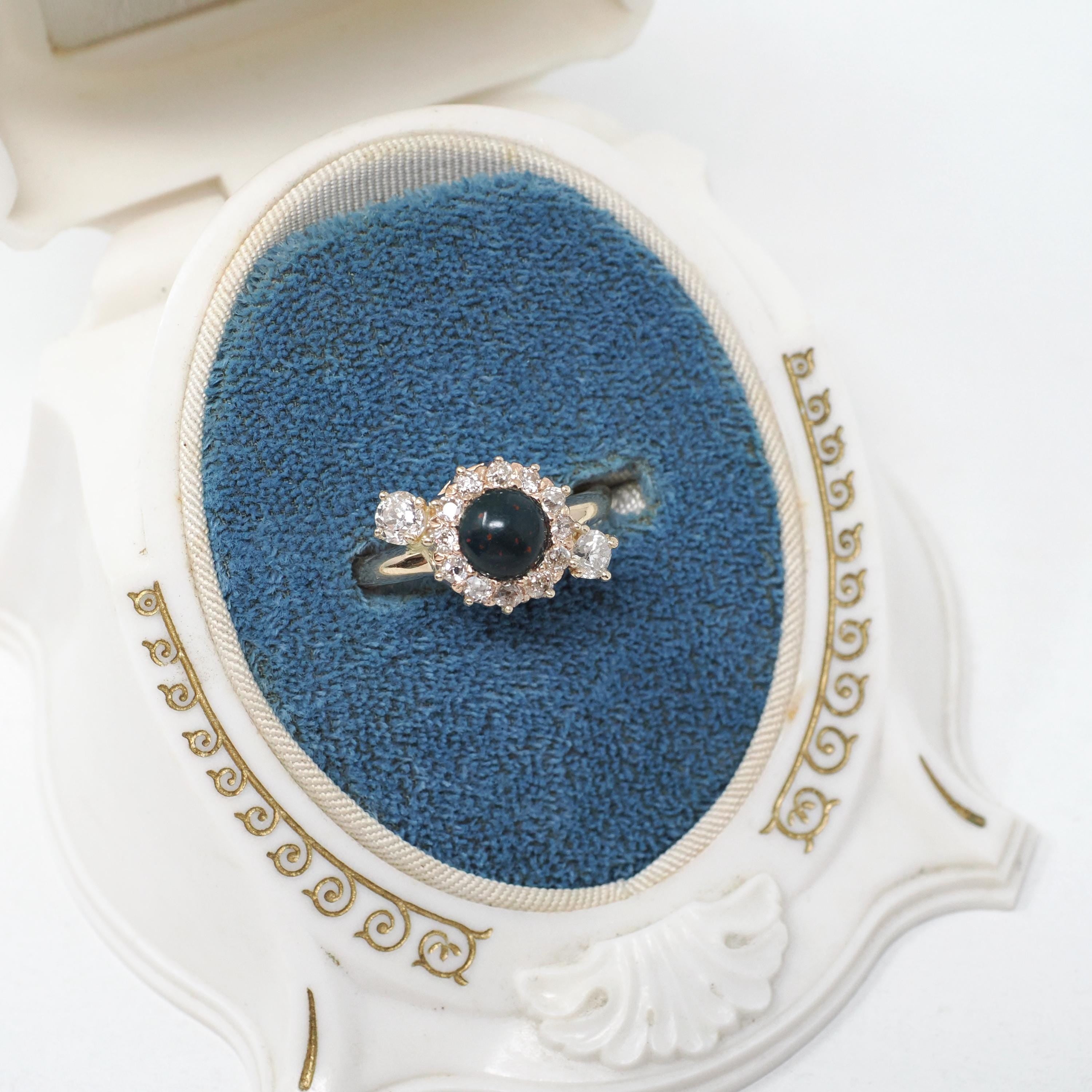 Bloodstone Halo Ring - Victorian Conversion 14k Yellow Gold Round Cabochon Cut Gem & .45 CTW Diamonds - Circa 1890s Era Size 5 Fine Jewelry