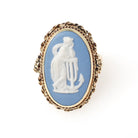 Wedgwood Cameo Ring - Vintage 14k Yellow Gold Blue & White Figural Shield - Hallmarked 1969 Allegory Of Hope Fine English Porcelain Jewelry