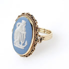 Wedgwood Cameo Ring - Vintage 14k Yellow Gold Blue & White Figural Shield - Hallmarked 1969 Allegory Of Hope Fine English Porcelain Jewelry