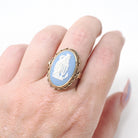 Wedgwood Cameo Ring - Vintage 14k Yellow Gold Blue & White Figural Shield - Hallmarked 1969 Allegory Of Hope Fine English Porcelain Jewelry