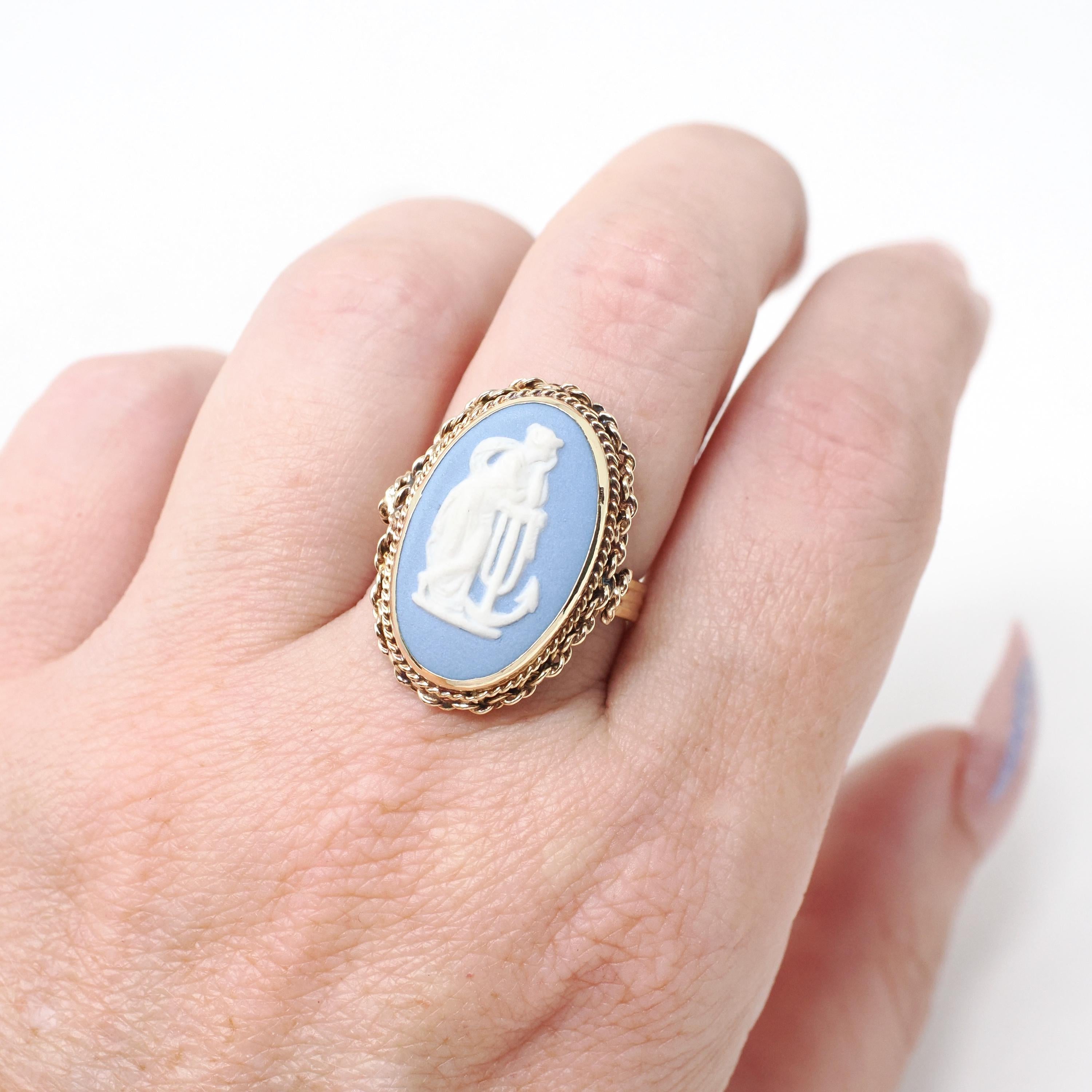 Wedgwood Cameo Ring - Vintage 14k Yellow Gold Blue & White Figural Shield - Hallmarked 1969 Allegory Of Hope Fine English Porcelain Jewelry