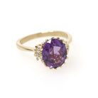 Created Color Change Sapphire Ring - Contemporary 14k Yellow Purple Gem & .12 CTW Diamond Accents - Circa 1990s Era Size 6 1/4 Fine Jewelry