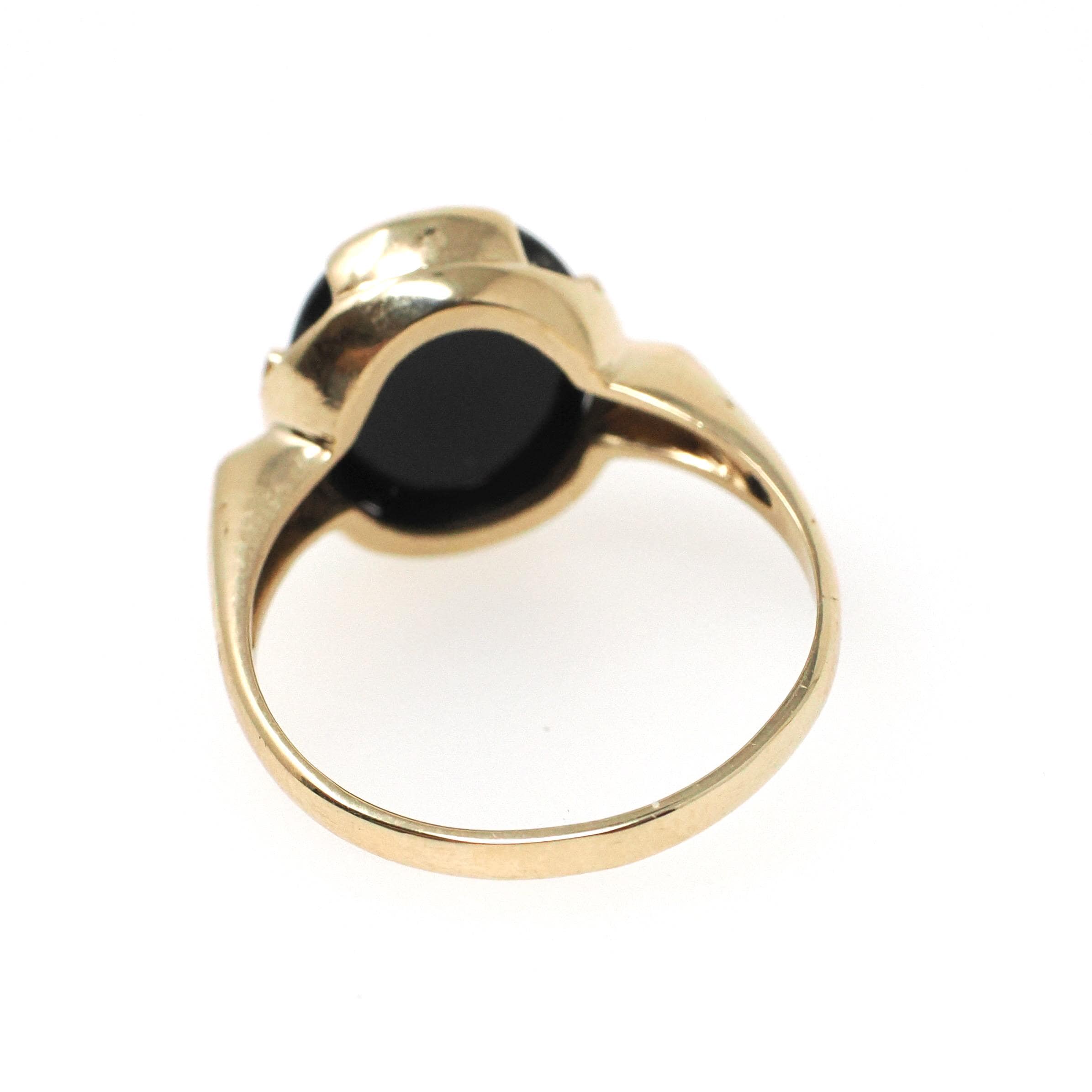 Vintage Opal & Onyx Ring - Modernist 14k Yellow Gold Oval Inlayed Statement Gem - Circa Late 1960s Era Size 7 1/4 Play of Color Fine Jewelry