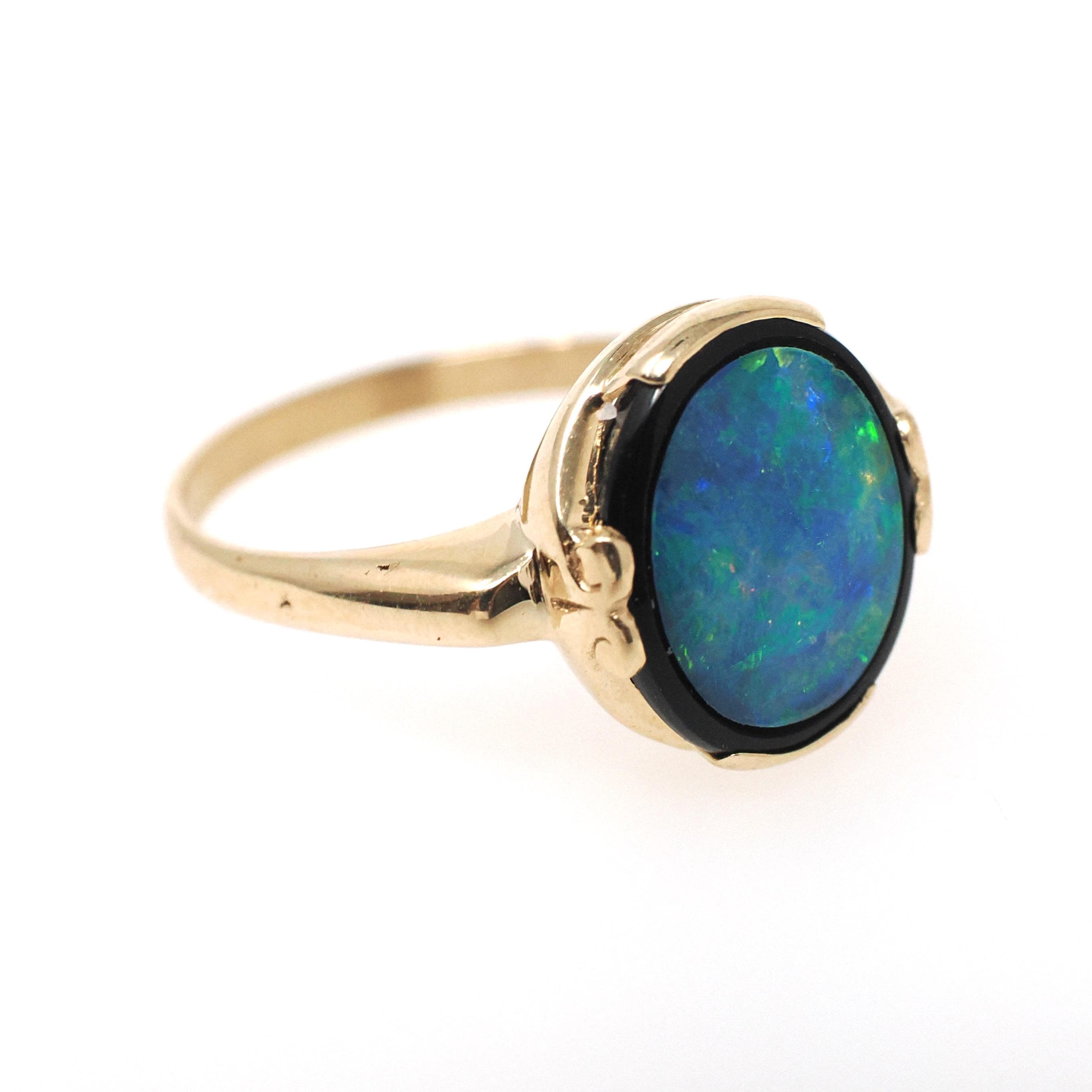 Vintage Opal & Onyx Ring - Modernist 14k Yellow Gold Oval Inlayed Statement Gem - Circa Late 1960s Era Size 7 1/4 Play of Color Fine Jewelry