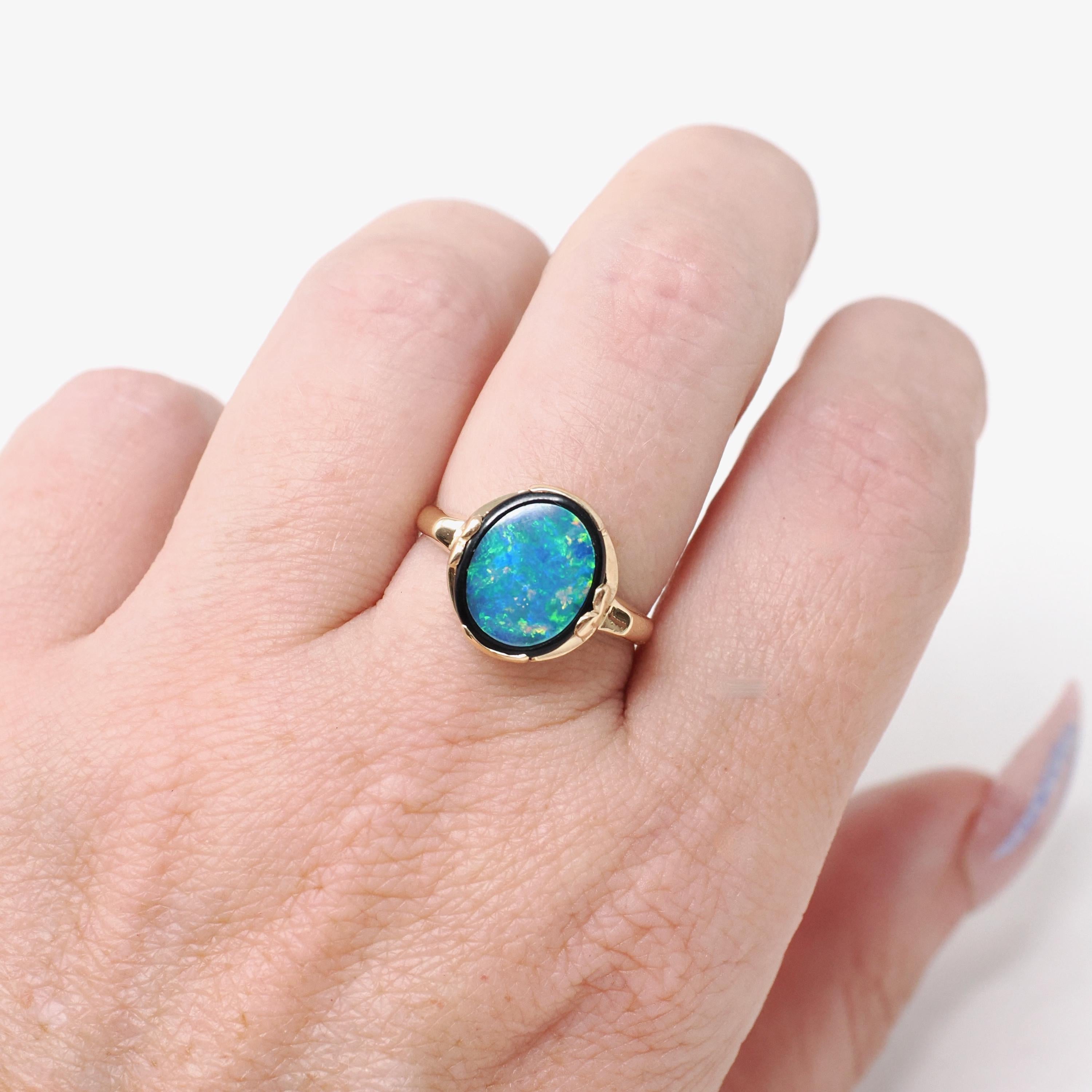 Vintage Opal & Onyx Ring - Modernist 14k Yellow Gold Oval Inlayed Statement Gem - Circa Late 1960s Era Size 7 1/4 Play of Color Fine Jewelry