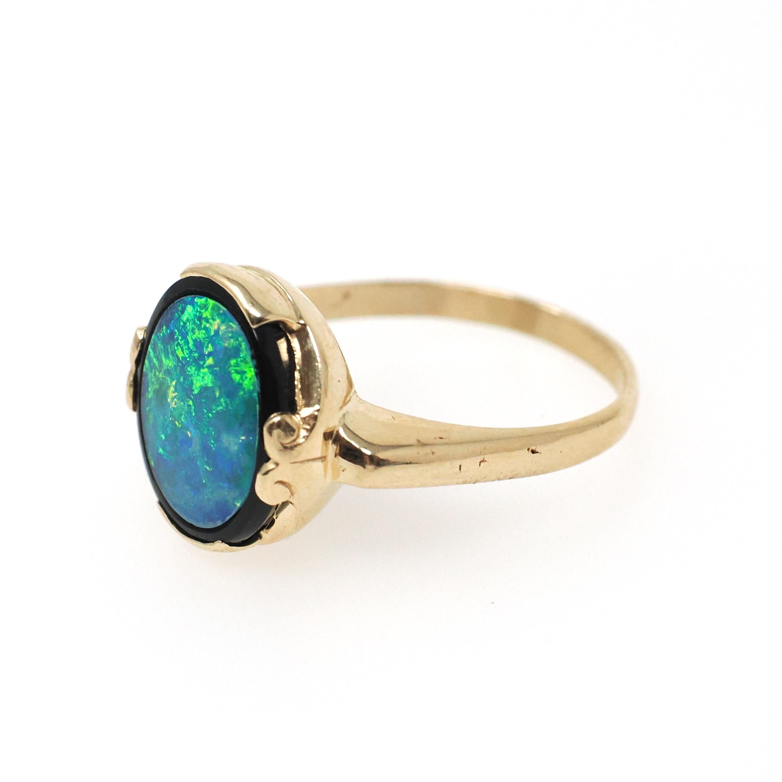 Vintage Opal & Onyx Ring - Modernist 14k Yellow Gold Oval Inlayed Statement Gem - Circa Late 1960s Era Size 7 1/4 Play of Color Fine Jewelry