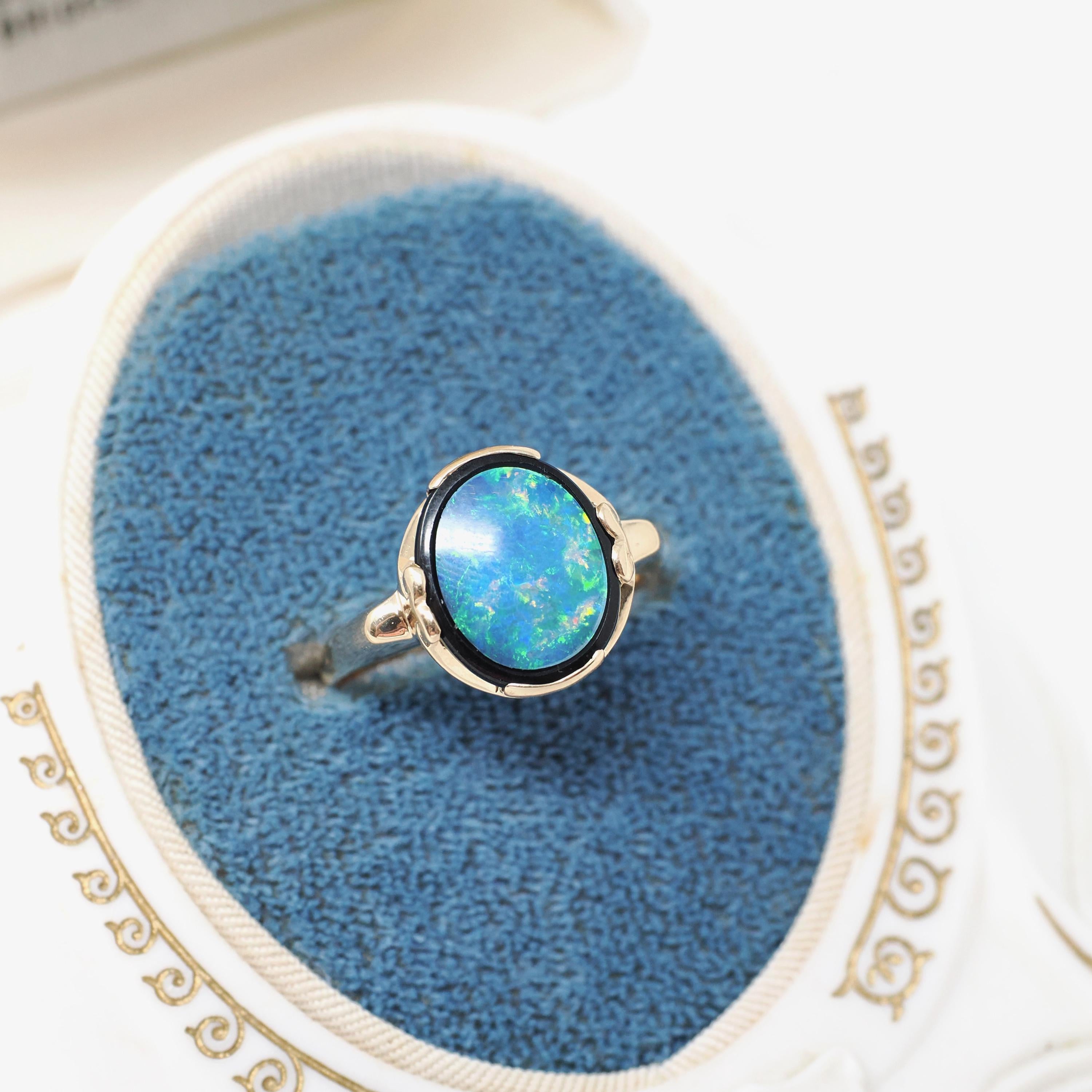 Vintage Opal & Onyx Ring - Modernist 14k Yellow Gold Oval Inlayed Statement Gem - Circa Late 1960s Era Size 7 1/4 Play of Color Fine Jewelry