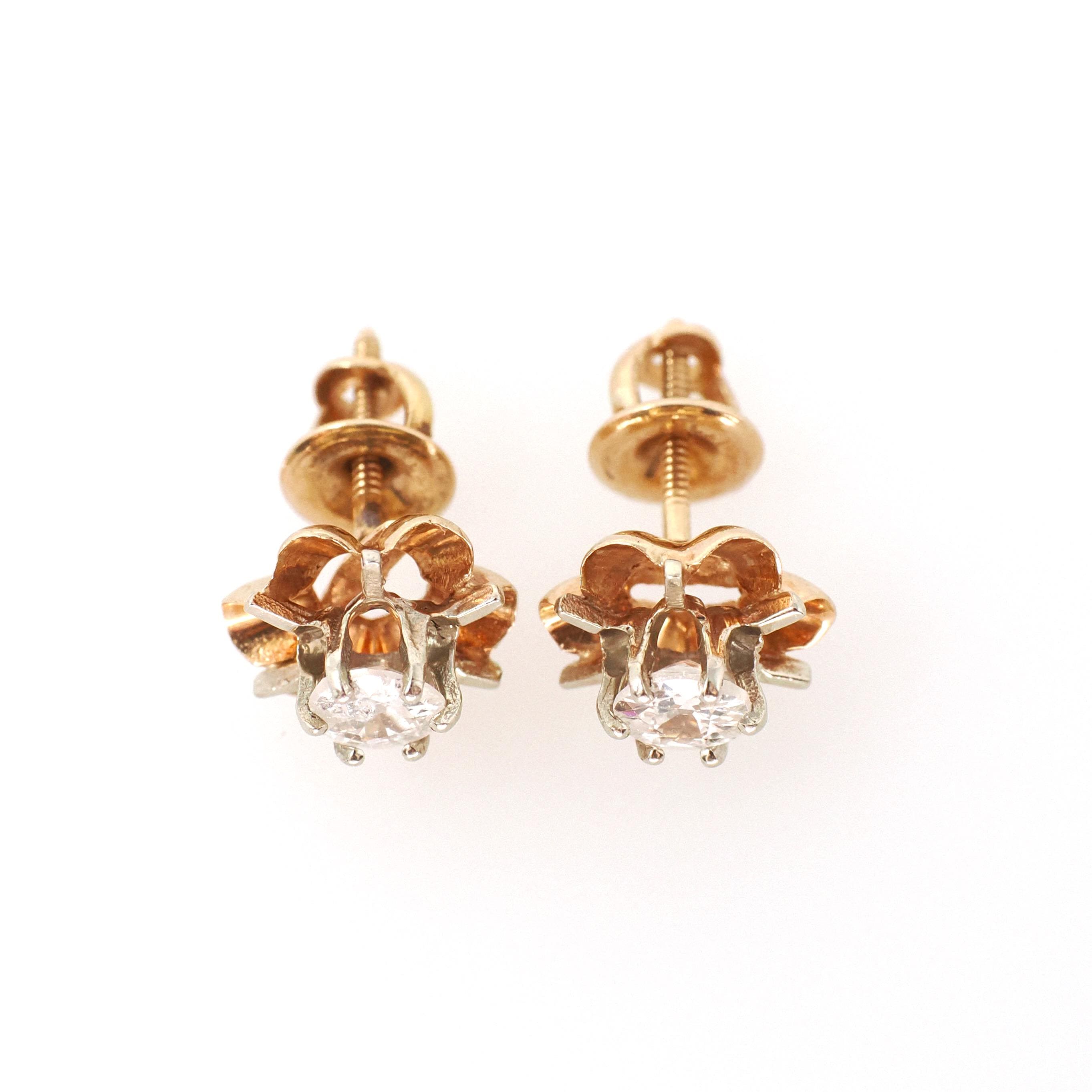 Antique Diamond Earrings - Edwardian 14k Yellow White Gold .68 CTW Buttercup Flower Studs - Circa 1910s Era Pierced Screw Back Fine Jewelry