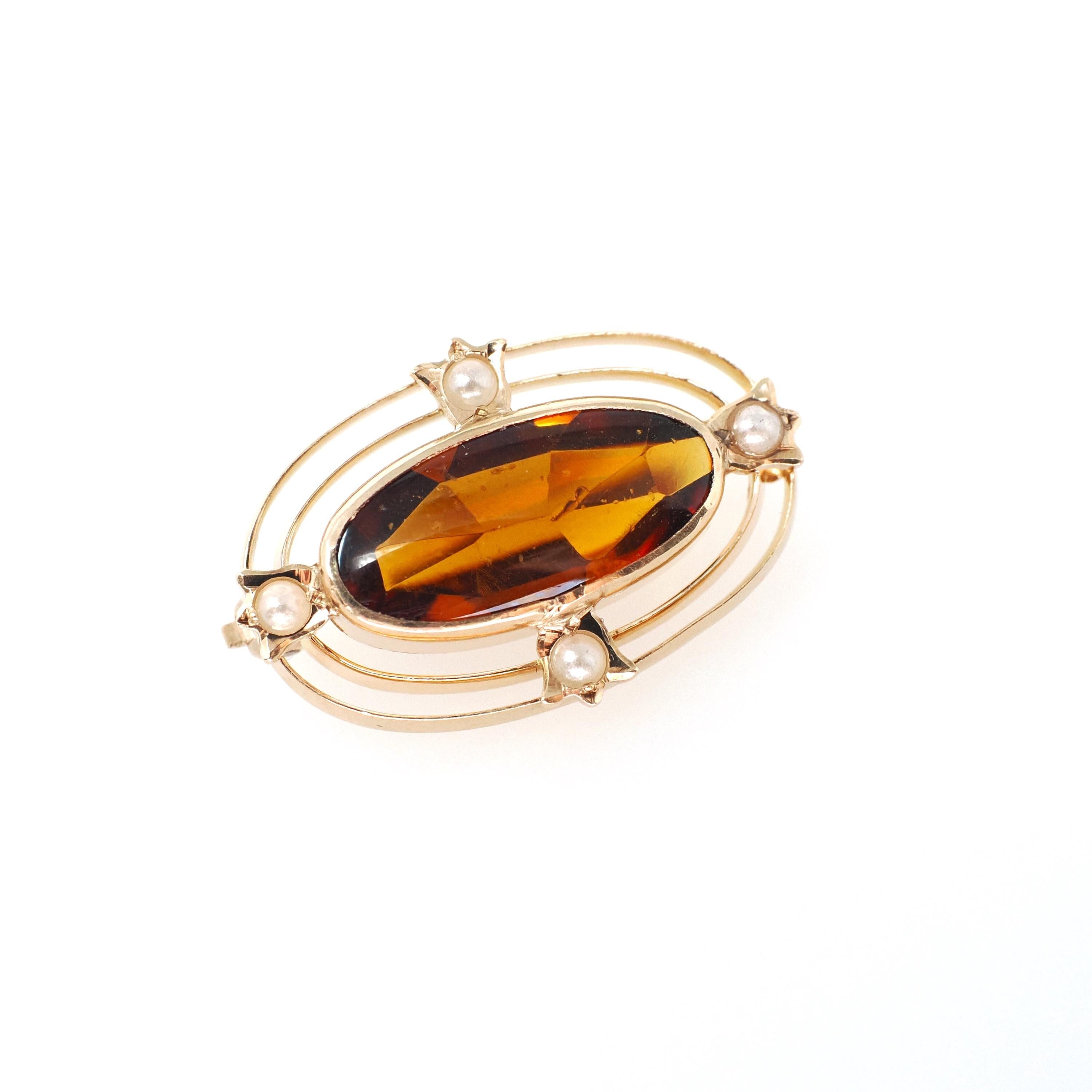 Antique Ellipse Brooch - Edwardian 10k Yellow Gold Simulated Citrine & Pearls Pin - Circa 1900s Orange Glass Fine Lapel Accessory Jewelry