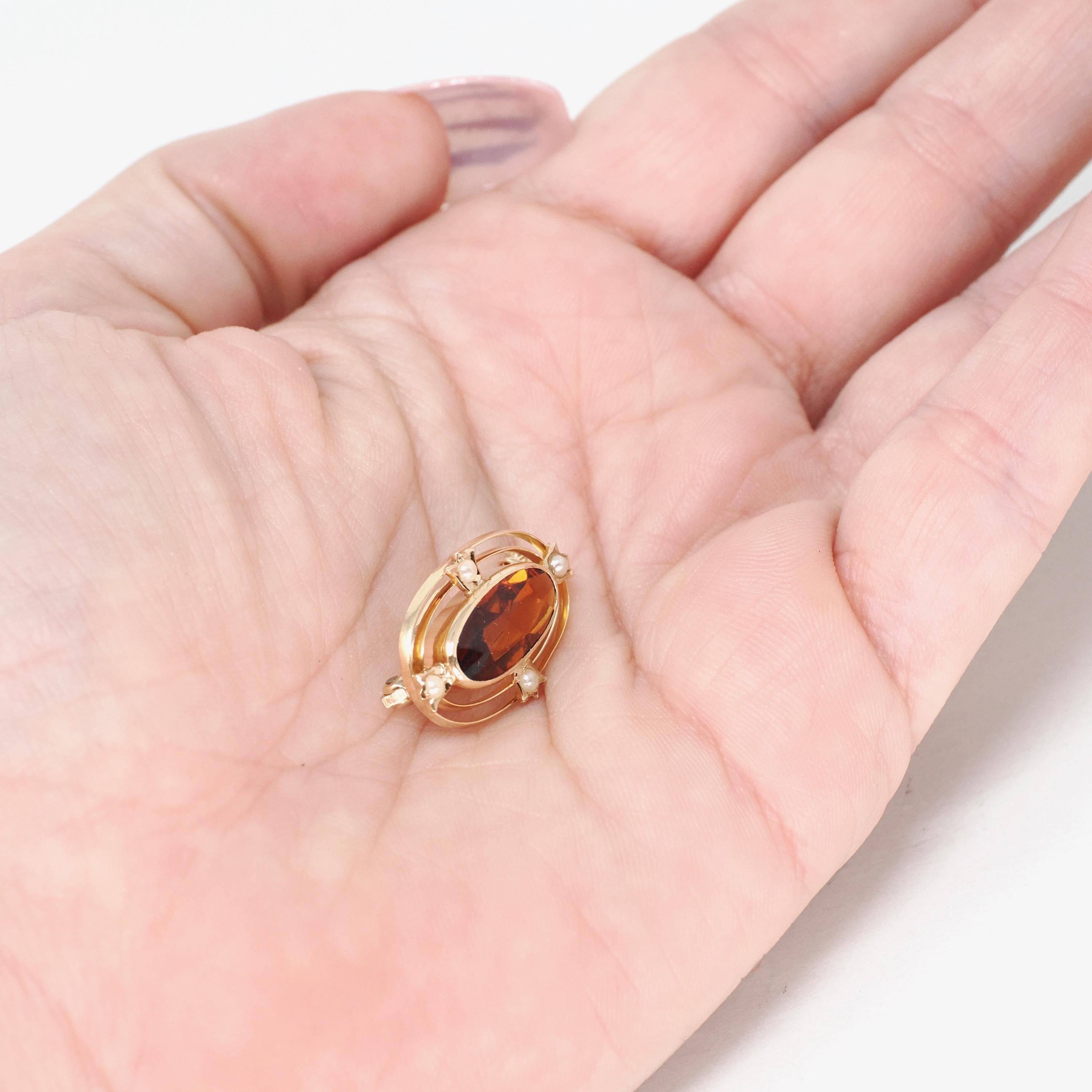 Antique Ellipse Brooch - Edwardian 10k Yellow Gold Simulated Citrine & Pearls Pin - Circa 1900s Orange Glass Fine Lapel Accessory Jewelry