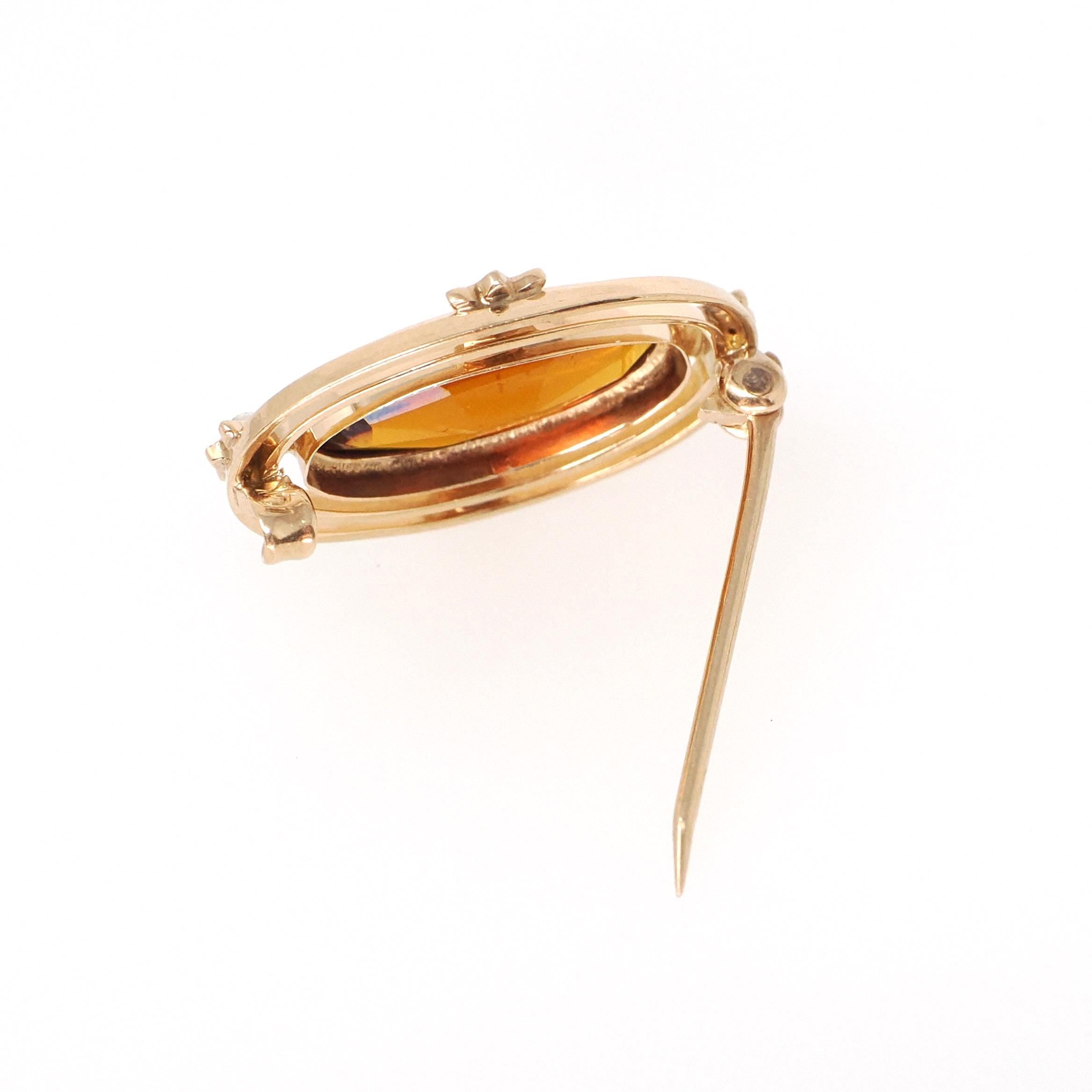 Antique Ellipse Brooch - Edwardian 10k Yellow Gold Simulated Citrine & Pearls Pin - Circa 1900s Orange Glass Fine Lapel Accessory Jewelry