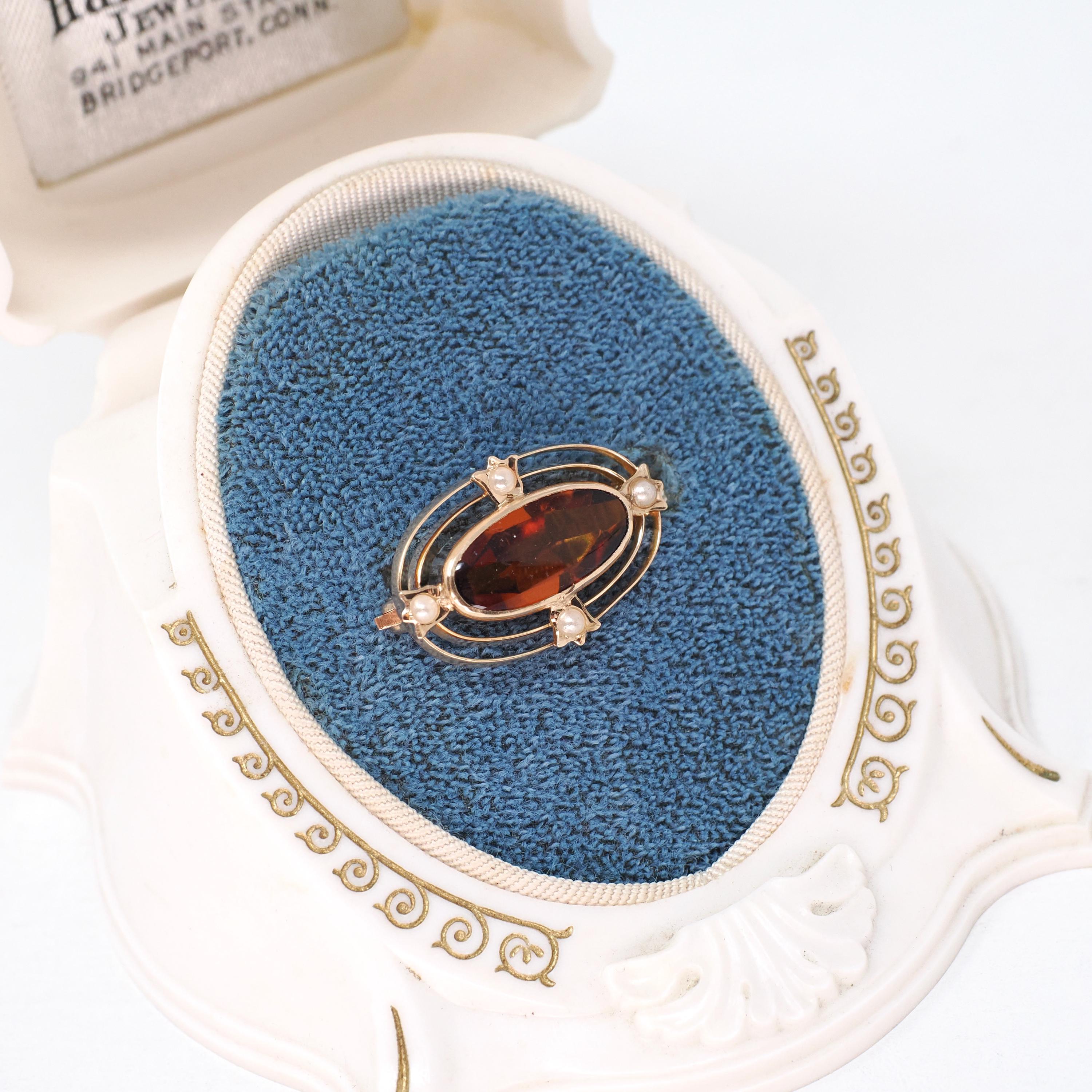 Antique Ellipse Brooch - Edwardian 10k Yellow Gold Simulated Citrine & Pearls Pin - Circa 1900s Orange Glass Fine Lapel Accessory Jewelry