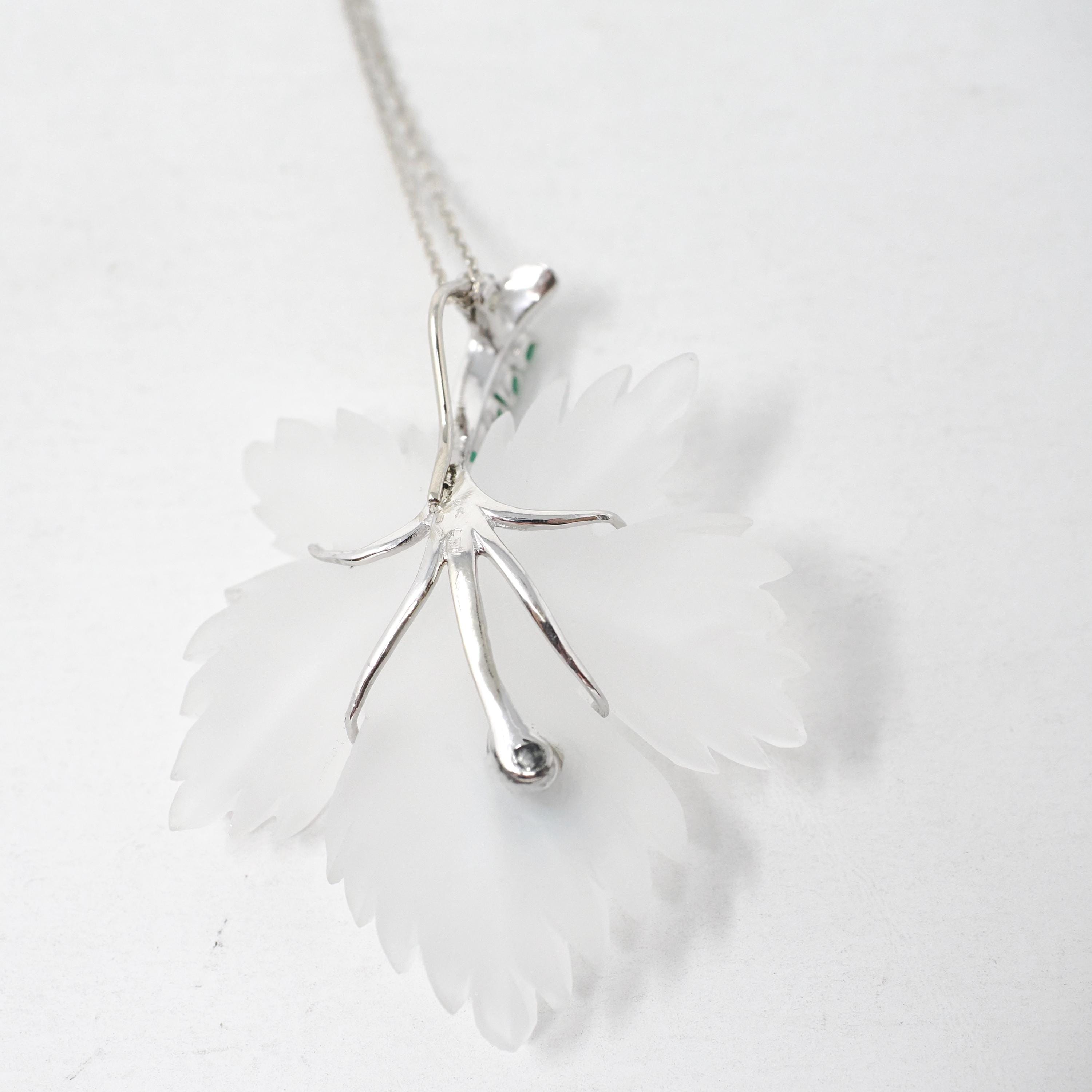 Vintage Leaf Pendant Necklace - Mid Century 14k White Gold Carved Rock Crystal Quartz - Circa 1960s Diamond Emerald Accented Fine Jewelry