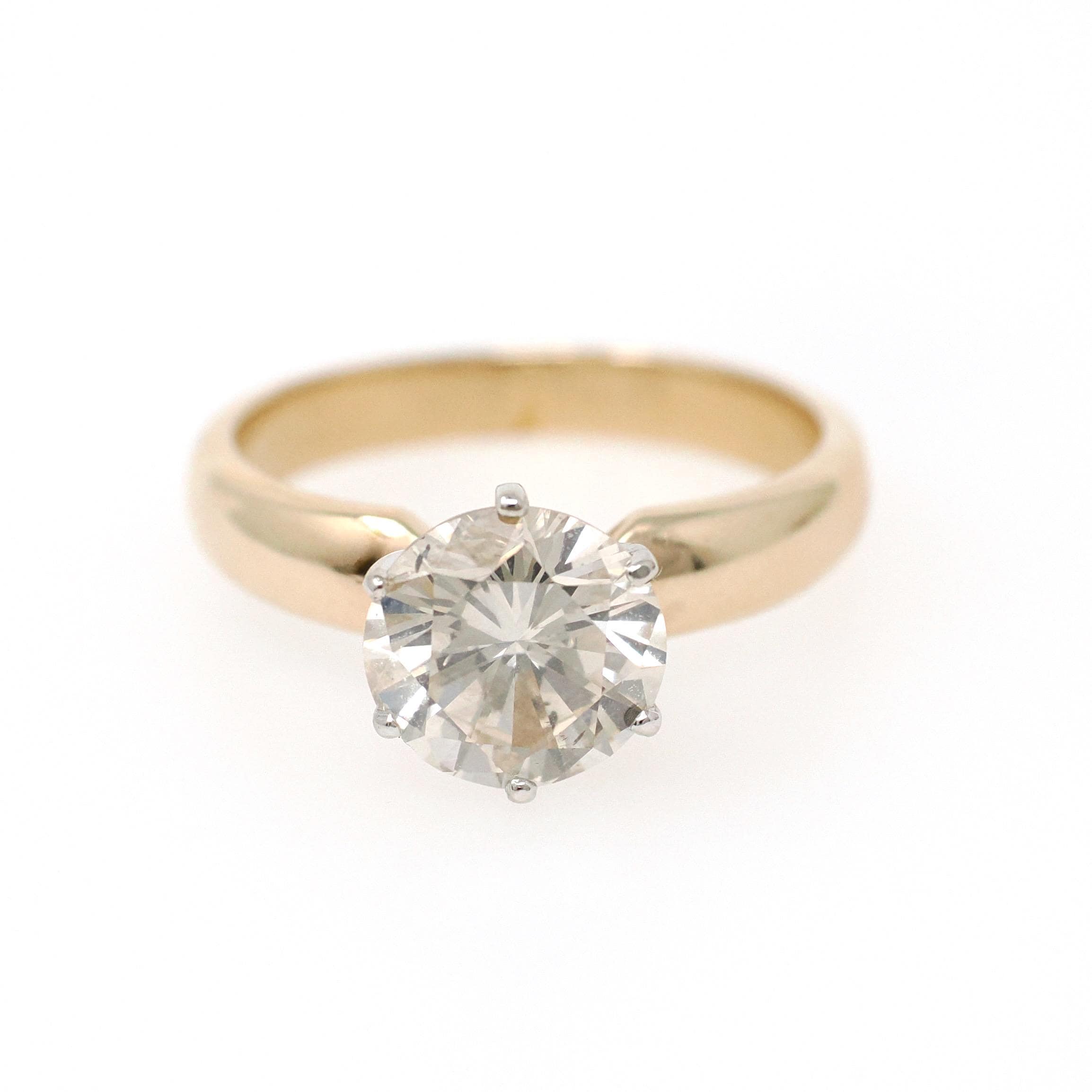 Diamond Engagement Ring - Estate 14k Yellow White Gold Round Brilliant 2.45 CT Solitaire - Contemporary Size 8 Bridal Statement Fine Jewelry