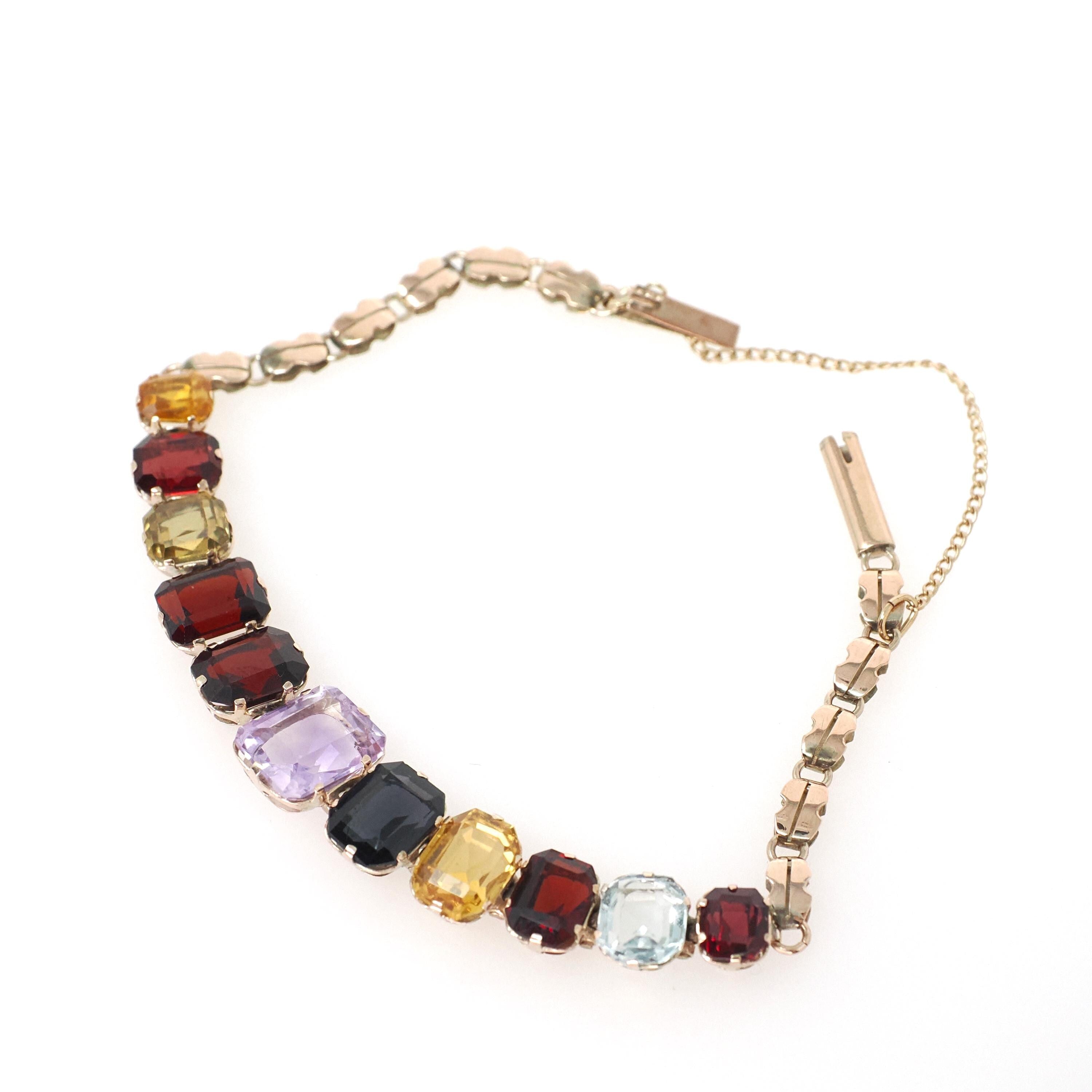 Vintage Harlequin Bracelet - Mid Century 10k Yellow Gold 7 Inch Faceted Multi Colored Gemstones - Circa 1950s Era Fine Statement Jewelry