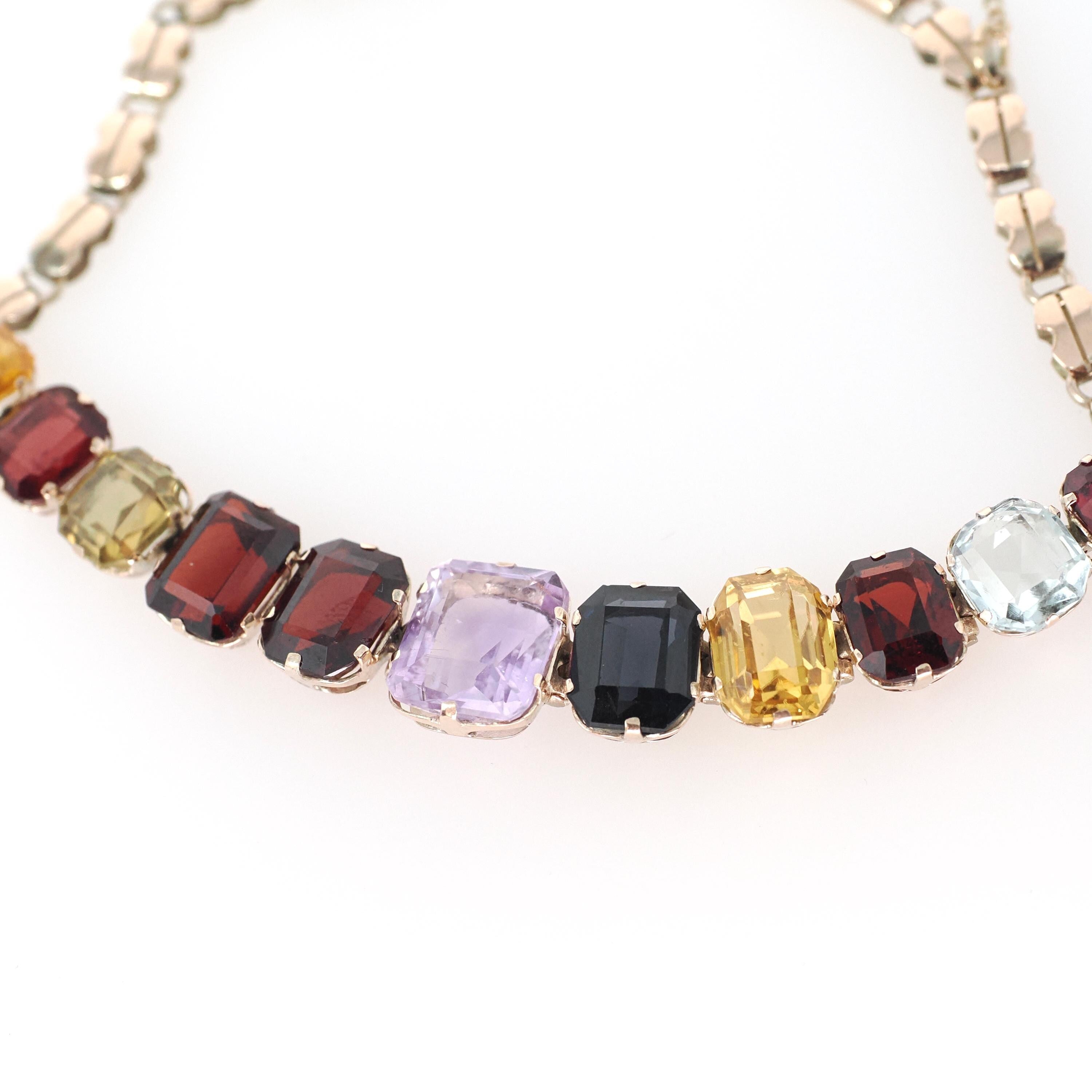 Vintage Harlequin Bracelet - Mid Century 10k Yellow Gold 7 Inch Faceted Multi Colored Gemstones - Circa 1950s Era Fine Statement Jewelry
