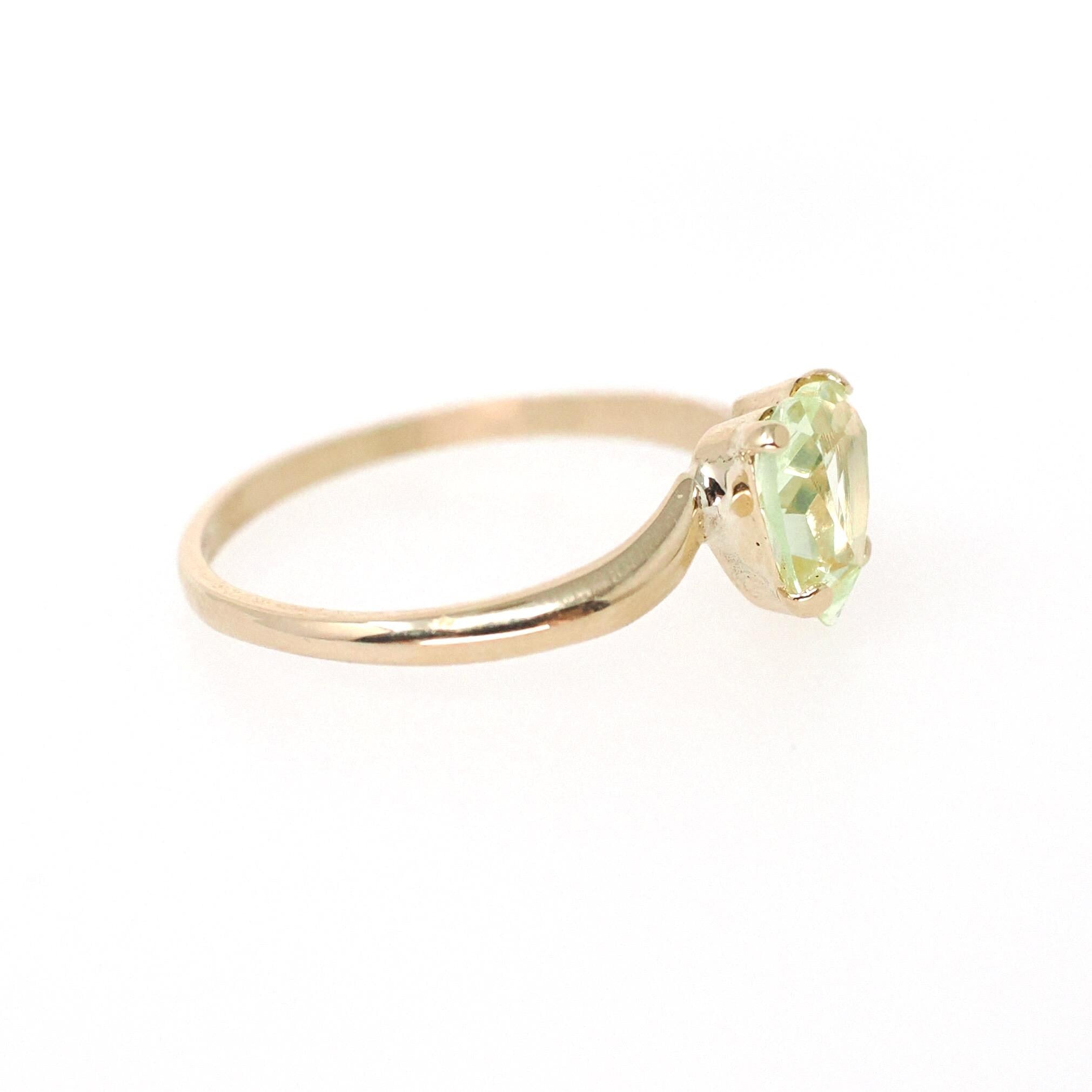 Vintage Created Spinel Ring - Mid Century 10k Yellow Gold Heart Light Green Gem Bypass - Circa 1960s Size 6 August Birthstone Fine Jewelry