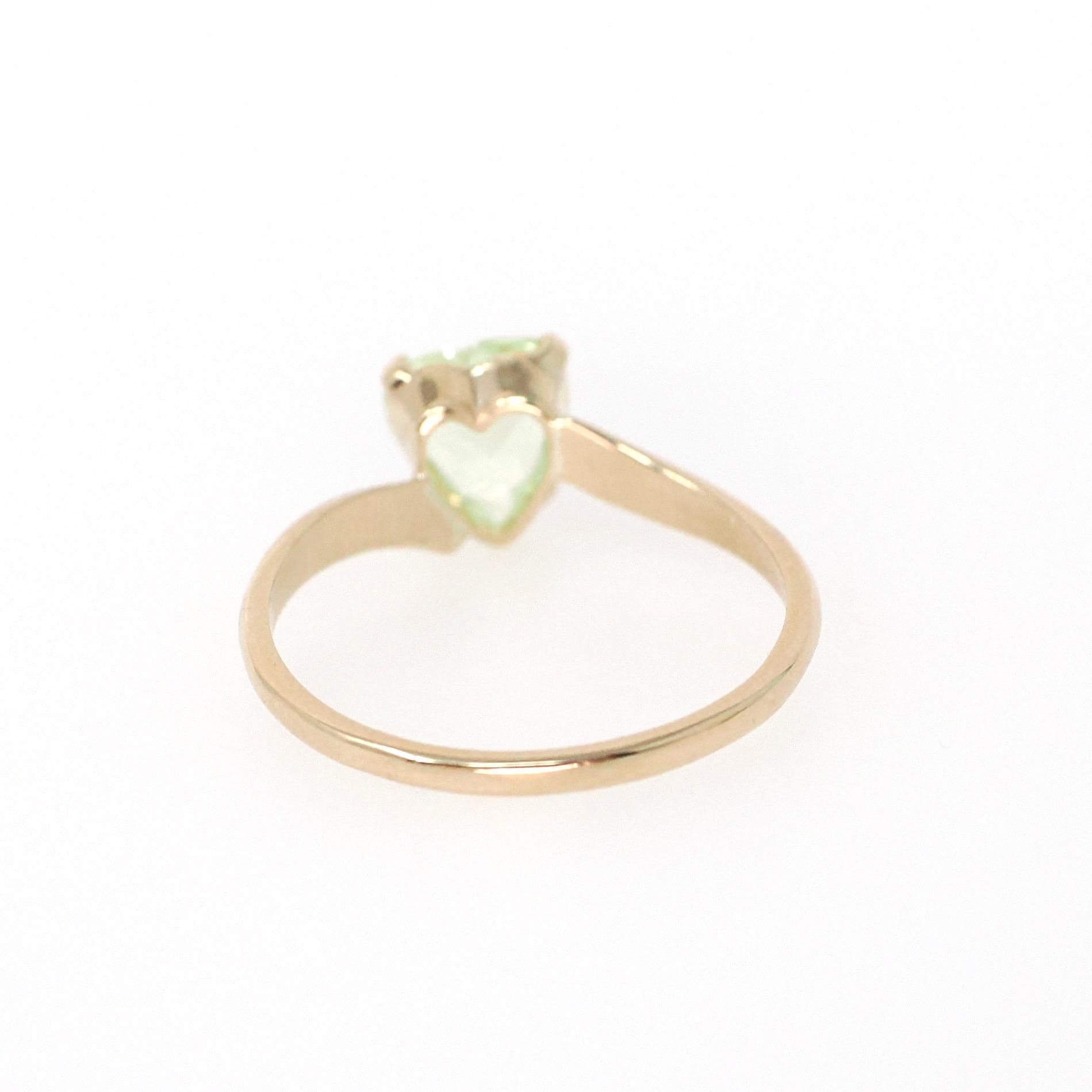 Vintage Created Spinel Ring - Mid Century 10k Yellow Gold Heart Light Green Gem Bypass - Circa 1960s Size 6 August Birthstone Fine Jewelry