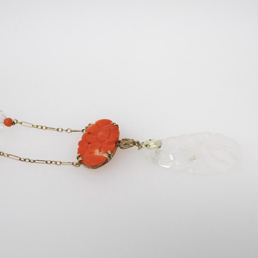 Antique Art Deco Necklace - Carved Rock Crystal Quartz 14k Yellow Gold Orange Coral Gemstone Statement - Circa 1920s Era Fine Beaded Jewelry