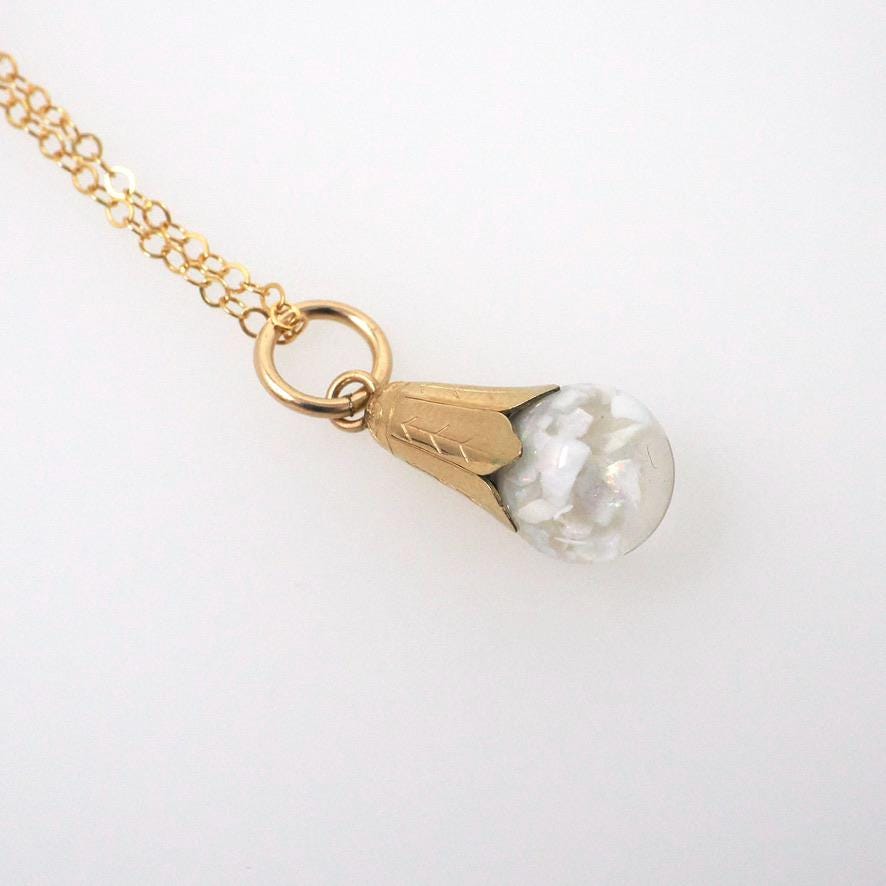 Floating Opal Pendant - Mid Century Gold Filled Natural Gemstone Chips Sphere Orb - Vintage Circa 1960s Liquid Teardrop Vessel Charm Jewelry