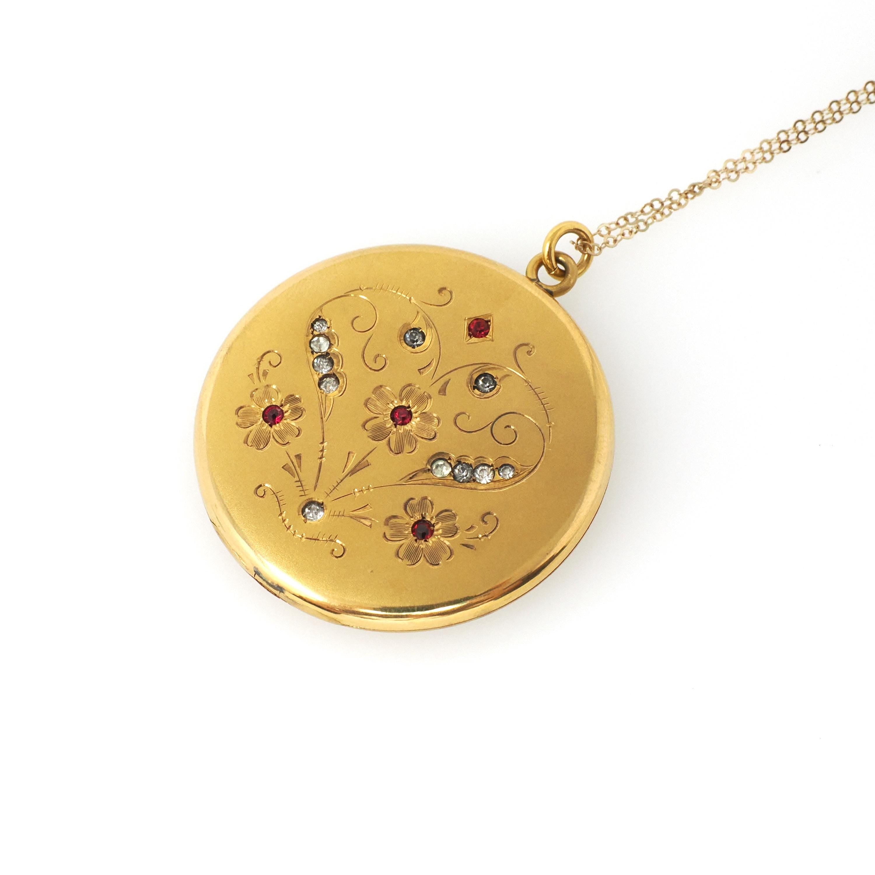 Antique Flower Locket - Edwardian Era Gold Filled Rhinestone Pendant Necklace - Circa 1910s Round Photograph Statement Floral Fine Jewelry