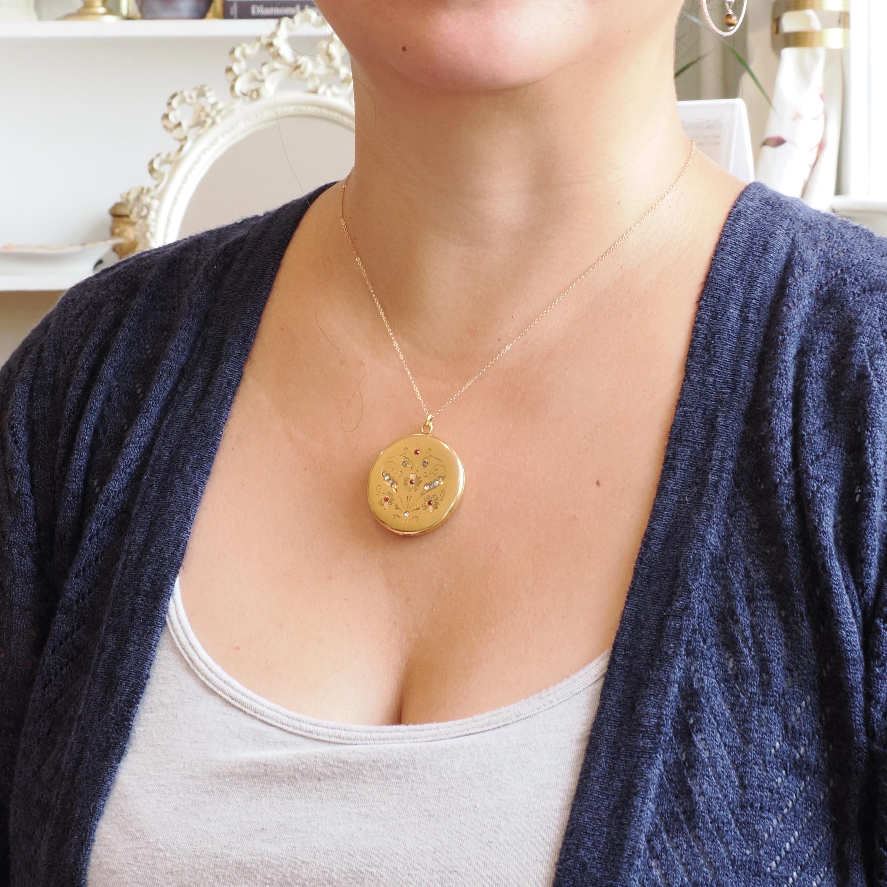 Antique Flower Locket - Edwardian Era Gold Filled Rhinestone Pendant Necklace - Circa 1910s Round Photograph Statement Floral Fine Jewelry