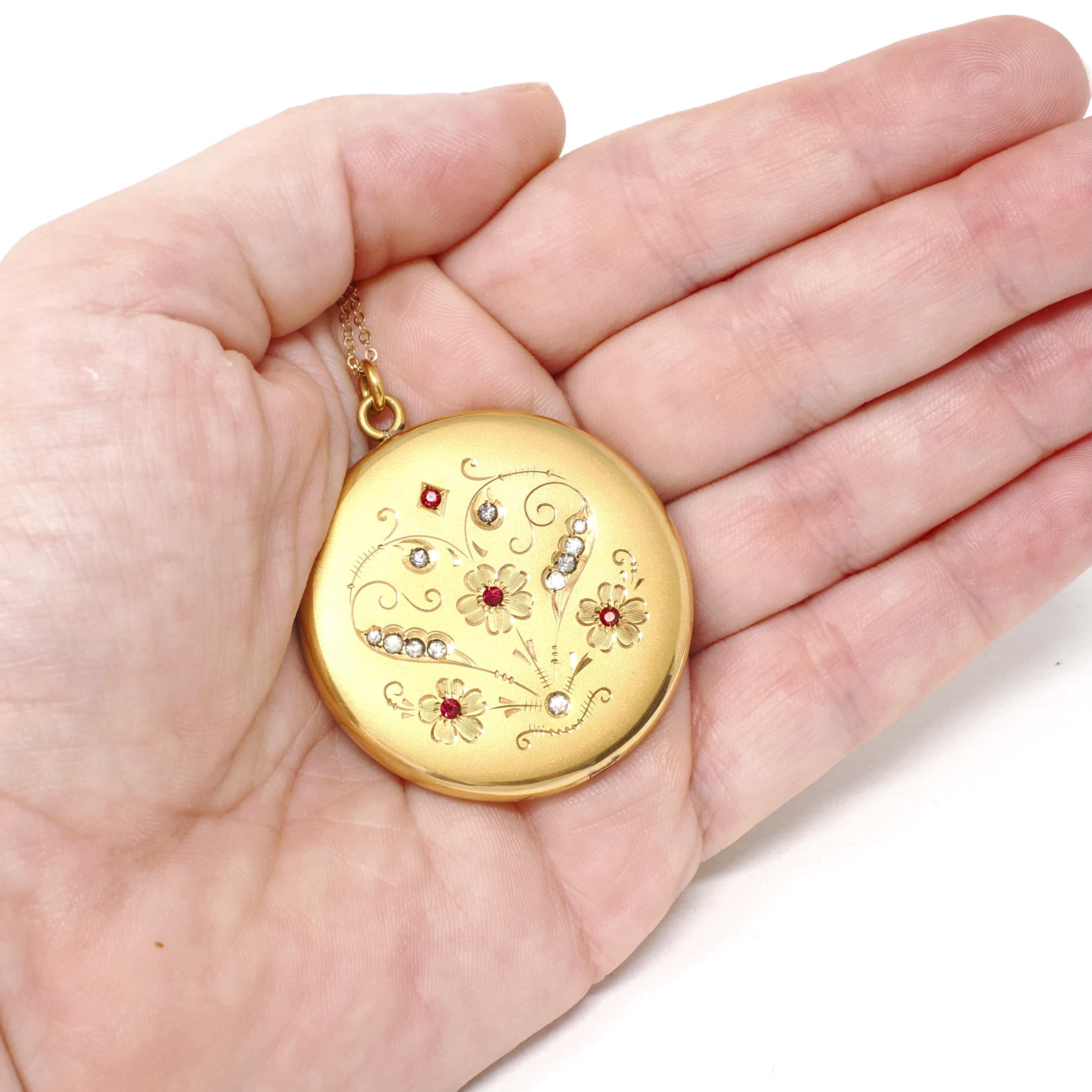 Antique Flower Locket - Edwardian Era Gold Filled Rhinestone Pendant Necklace - Circa 1910s Round Photograph Statement Floral Fine Jewelry