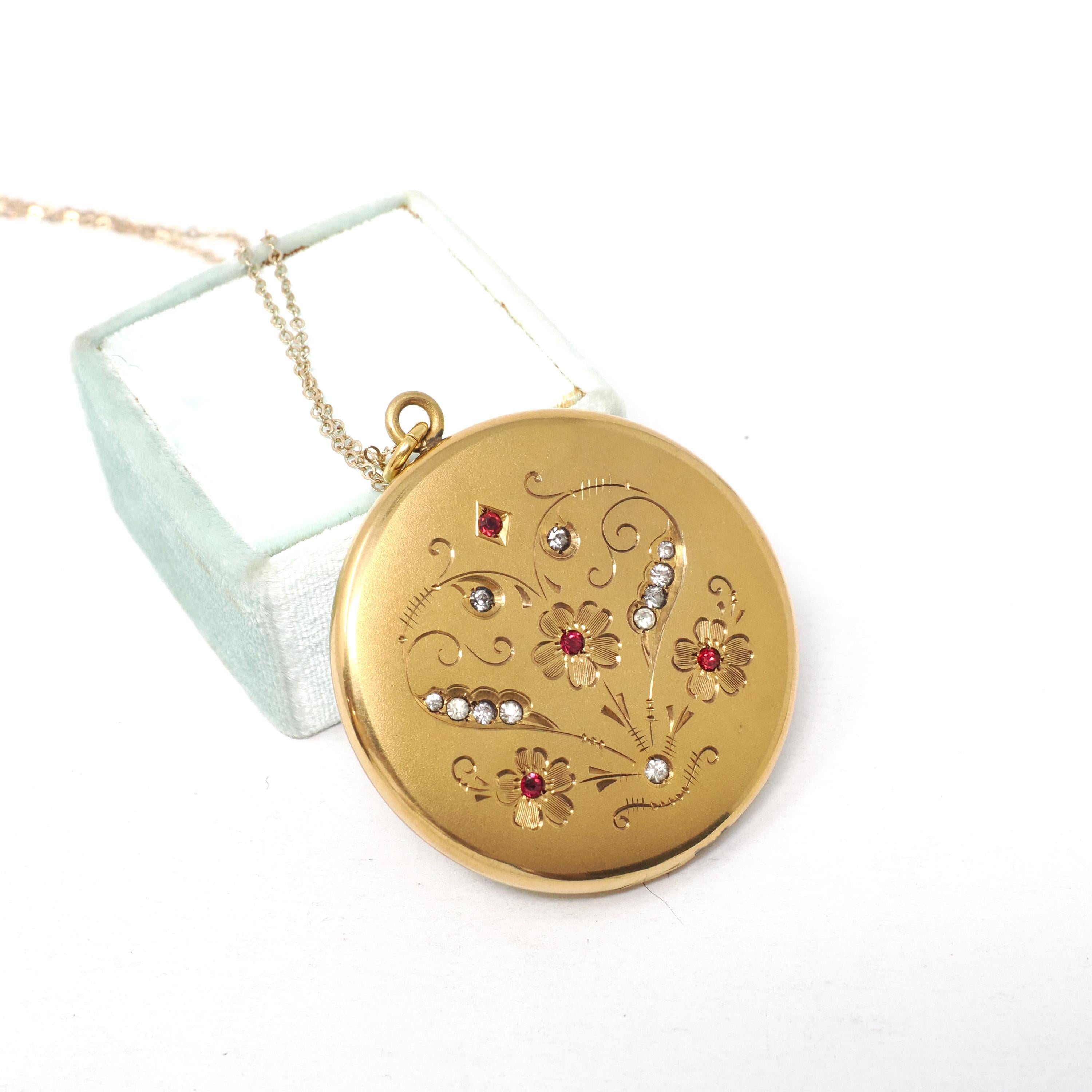 Antique Flower Locket - Edwardian Era Gold Filled Rhinestone Pendant Necklace - Circa 1910s Round Photograph Statement Floral Fine Jewelry
