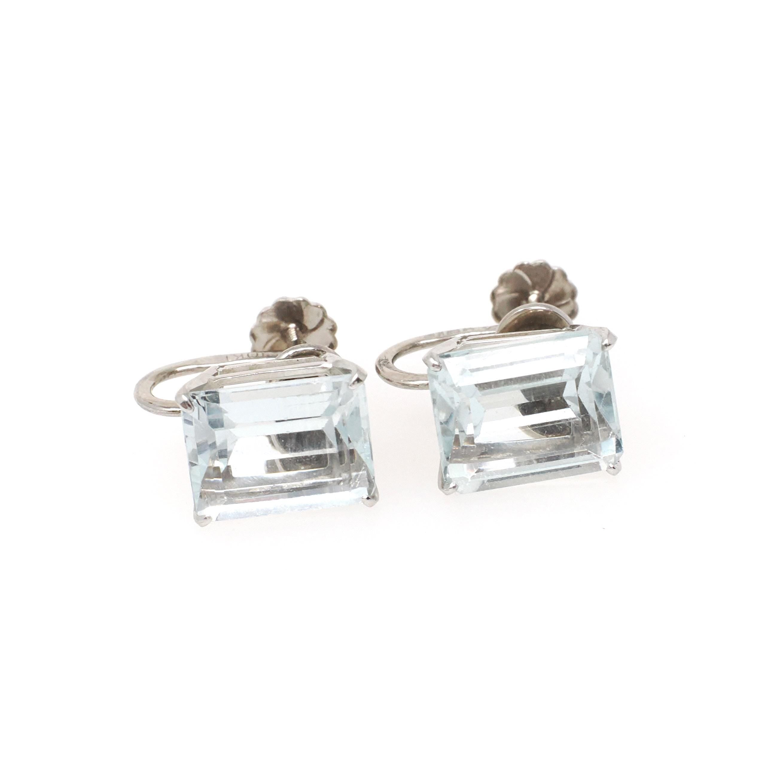 Vintage Aquamarine Earrings - Mid Century 10k White Gold Emerald Cut Blue Gemstones - Circa 1950s Screw Back Fine March Birthstone Jewelry