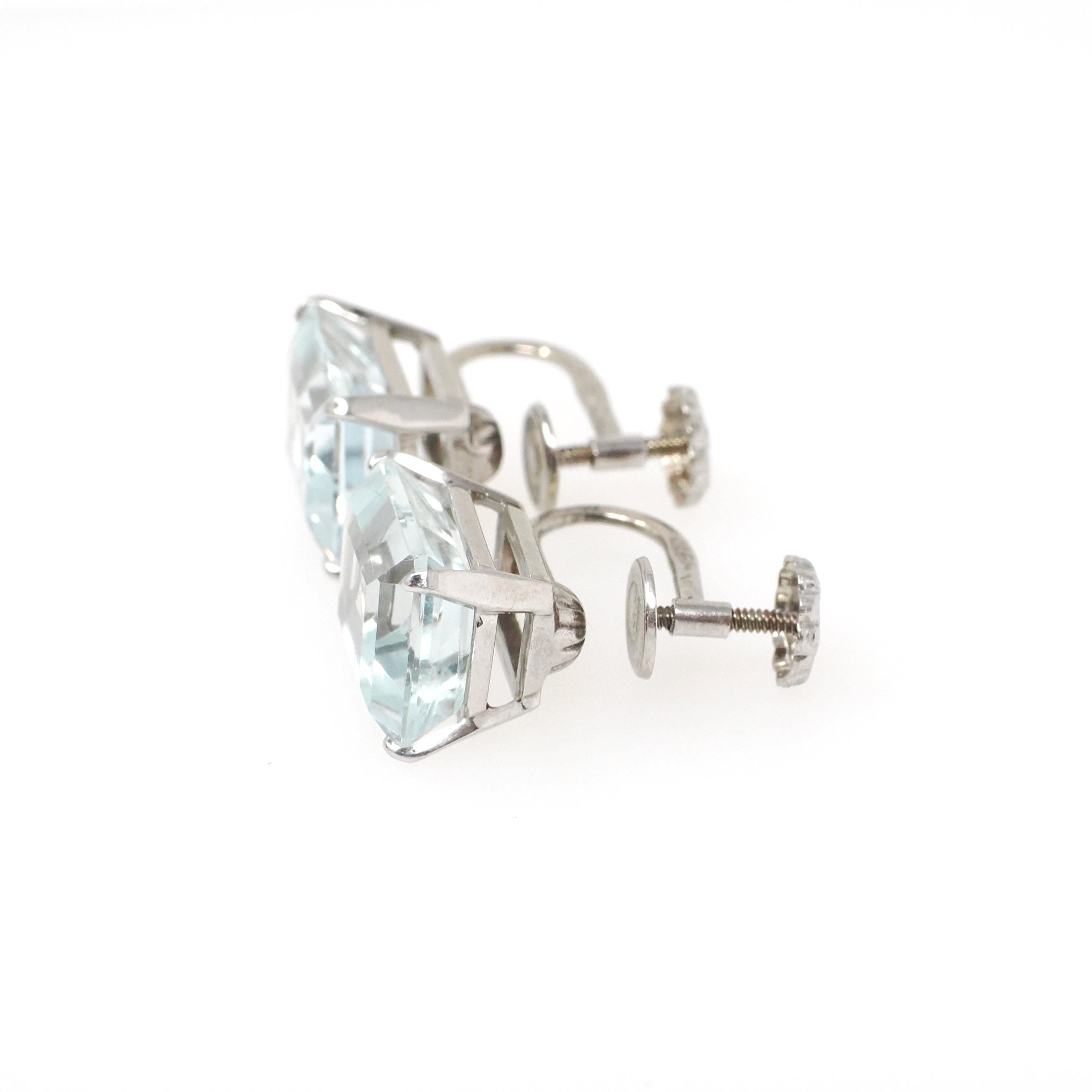 Vintage Aquamarine Earrings - Mid Century 10k White Gold Emerald Cut Blue Gemstones - Circa 1950s Screw Back Fine March Birthstone Jewelry