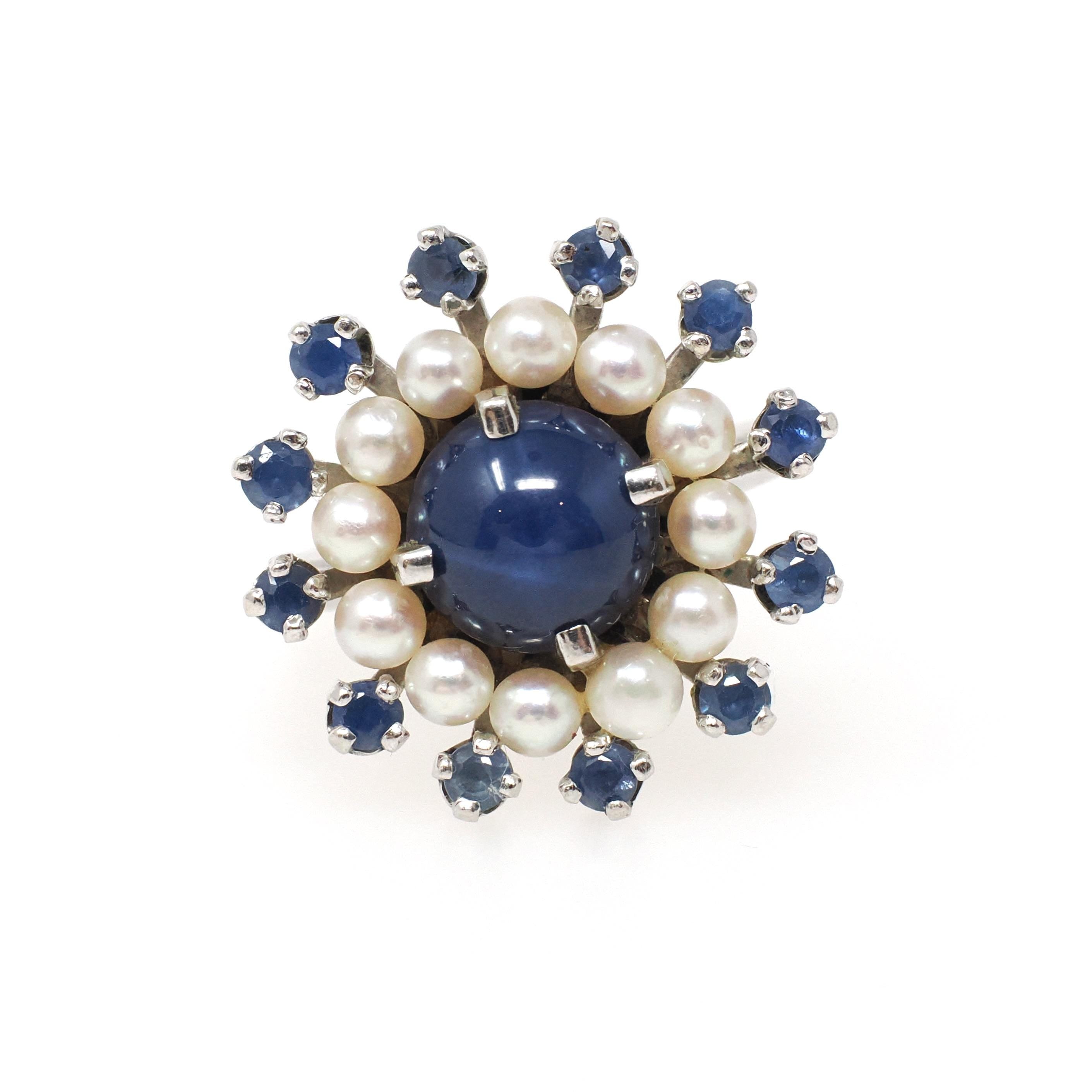 Created Star Sapphire Ring - Mid Century 14k White Gold 2.54 CT Pearl & Sapphire Gem Halo - Circa 1960s Size 6 Fine Flower Cocktail Jewelry